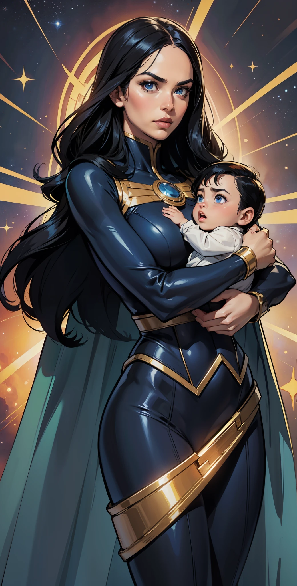 (whole body),(Person Divination Screen 的 1/2),John Romita Sr. (John Romita Sr) artistic inspiration,Looking at the audience,A young superheroine with long black hair holds a baby in her arms in a gorgeous universe,Floating in the Milky Way,Grand and detailed background,Young superheroine with long dark hair hugging a baby,Center in the middle of the screen,blue eyes covered by iconic mask,Mid-chest,thin waist,Wearing a custom-made tight uniform,Uniform colors black and yellow,exuding powerful energy, In front of us is the galaxy universe,whole body,detailed art,Art Director John Romita Sr,masterpiece,Best quality,Extremely complex details,Bright colors,8K.