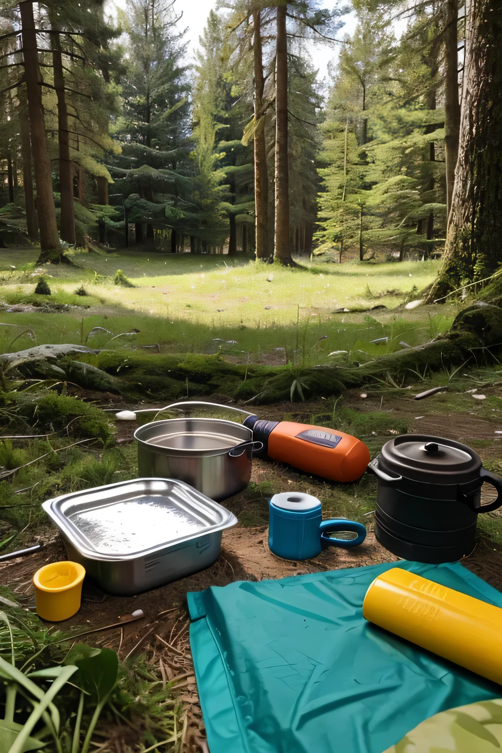 survival camping Happiness tools in the forest next to the Lake