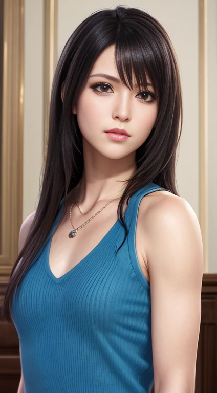 rinoa, blue duster, blue wristbands, holding necklace, half body, unparalleled masterpiece, ultra realistic 8k CG, perfect artwork, clean, beautiful face, pure face, pale skin, intricate detail, prestige, gorgeous, luxury, fancy ballroom