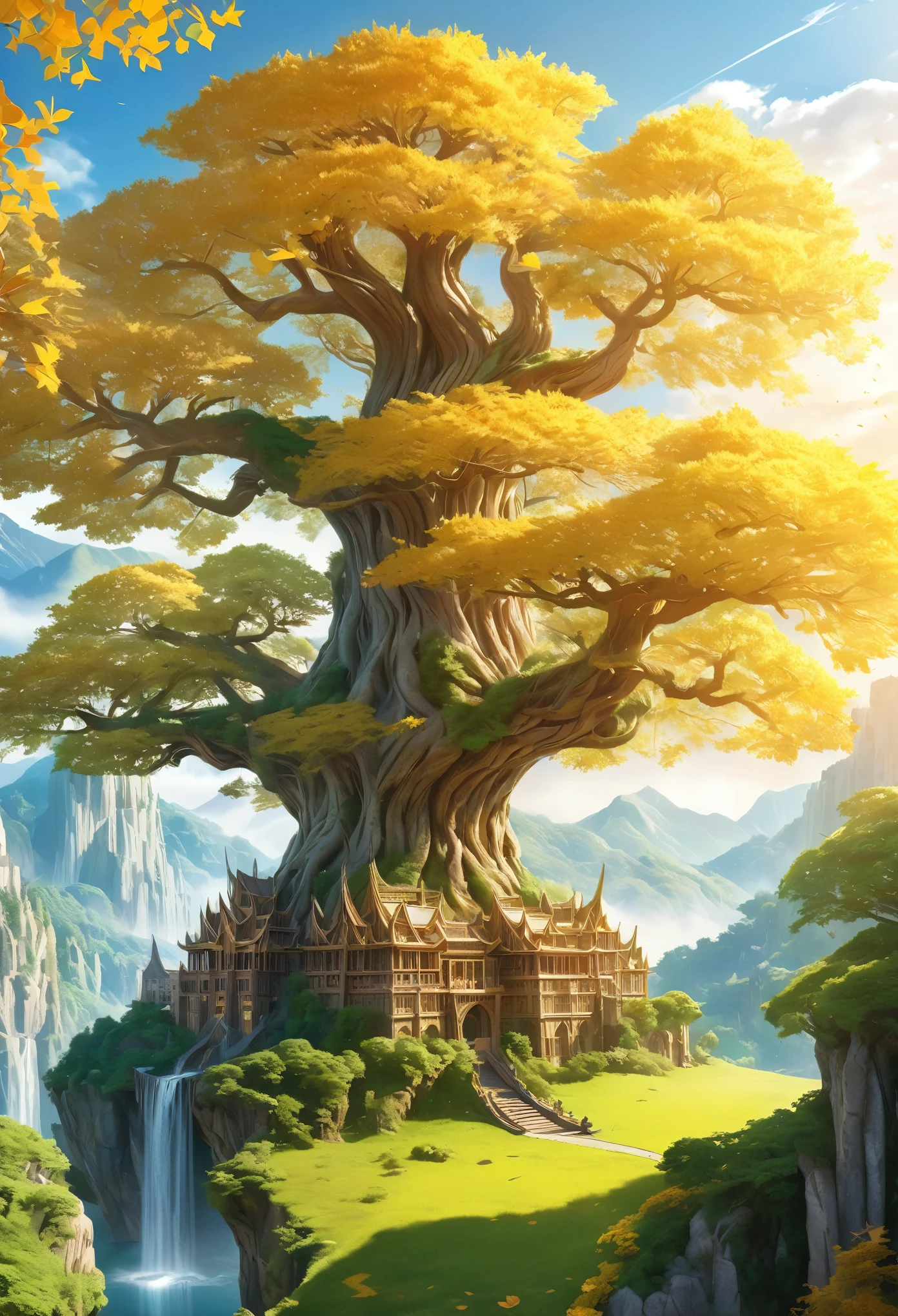 An unparalleled masterpiece, 16k, Super detailed, Approaching perfection, (Manga style:1.3) | Huge Magical (Elven World Tree) In the ancient elven city. | The World Tree (expensive), The branches stretch out towards the sky and shine brightly. ((Golden leaves that emit a soft and fantastic light)). | A distant view capturing the grandeur of the World Tree with the magnificent Elven city in the background. | There are many elven buildings in the city.、It showcases rich history and captivating beauty。 (elegant) civilization. | This scene (A breathtakingly sunny day) Bit (Mystery and Wonder) | Learn more