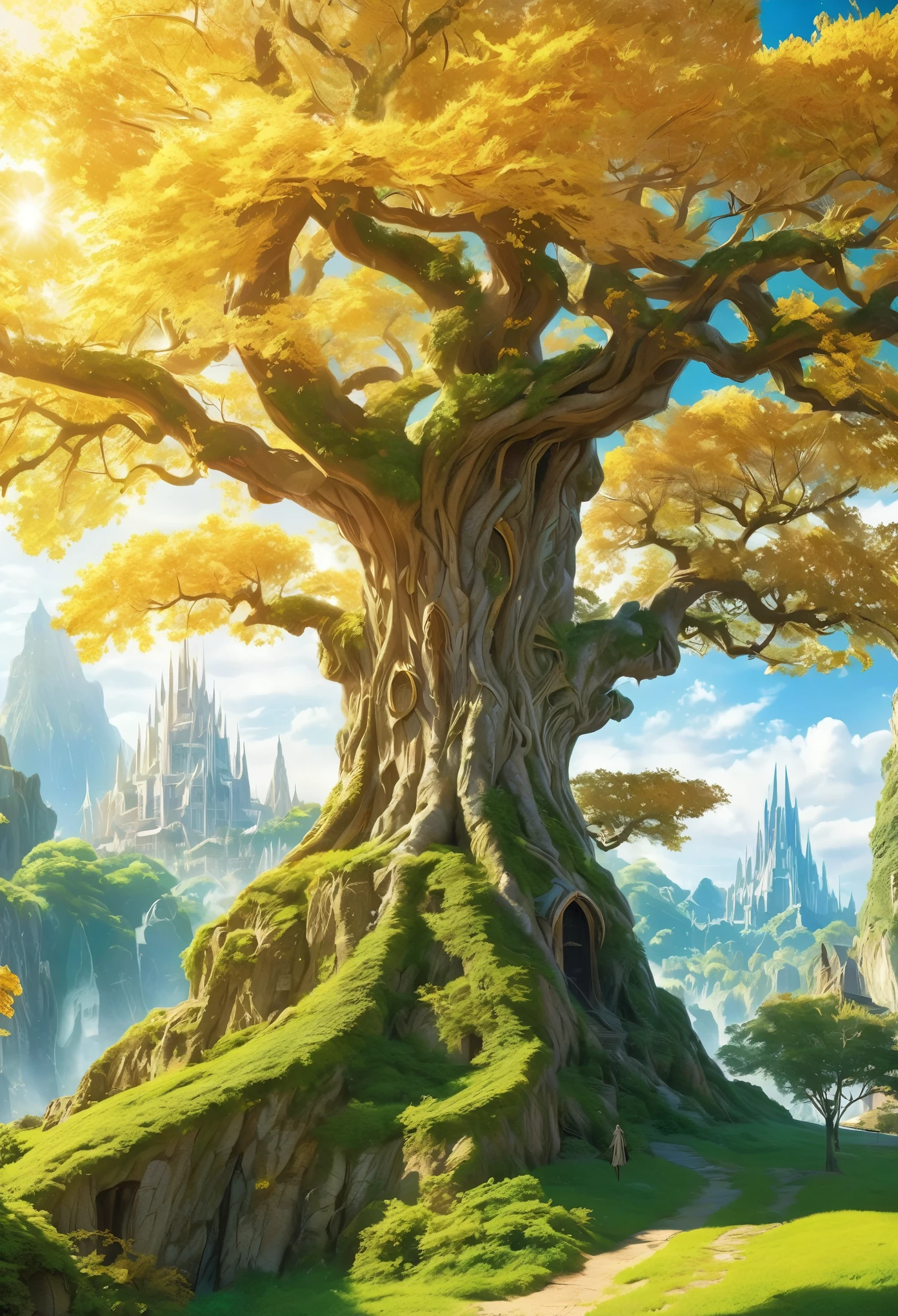 An unparalleled masterpiece, 16k, Super detailed, Approaching perfection, (Manga style:1.3) | Huge Magical (Elven World Tree) In the ancient elven city. | The World Tree (expensive), The branches stretch out towards the sky and shine brightly. ((Golden leaves that emit a soft and fantastic light)). | A distant view capturing the grandeur of the World Tree with the magnificent Elven city in the background. | There are many elven buildings in the city.、It showcases rich history and captivating beauty。 (elegant) civilization. | This scene (A breathtakingly sunny day) Bit (Mystery and Wonder) | Learn more