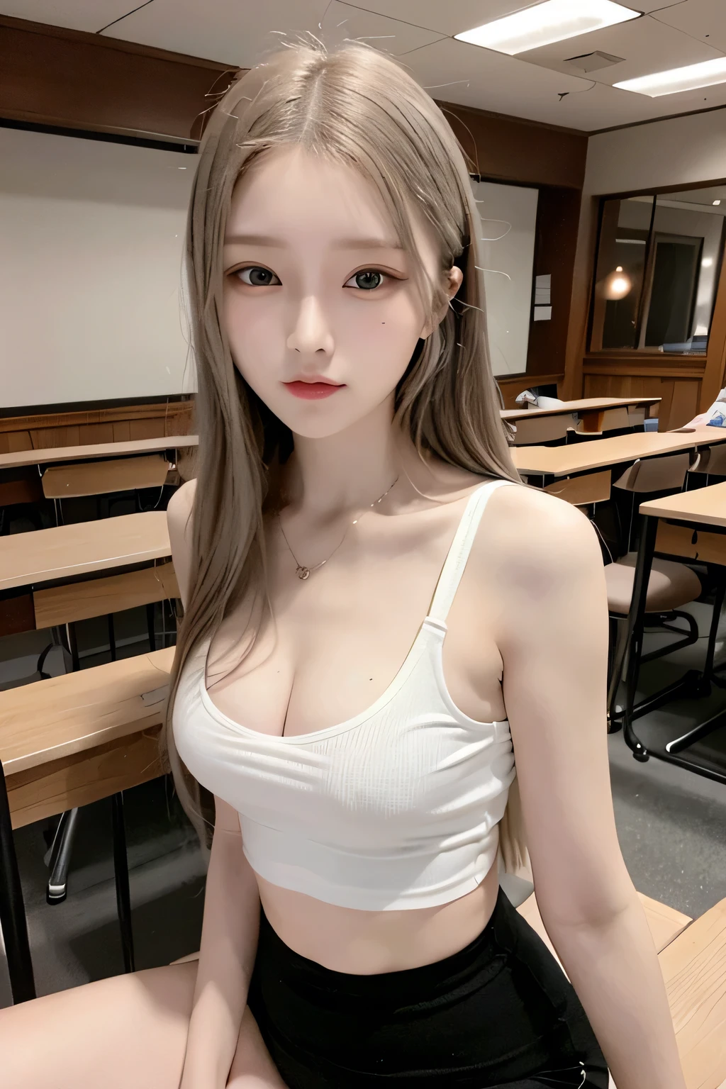 Masterpiece, 15 y.o lady, beautiful and detailed face, detailed background, ultra high resolution 8k, shiny skin, blue eyes, skinny body, slim body, flat , , in middle of a class
