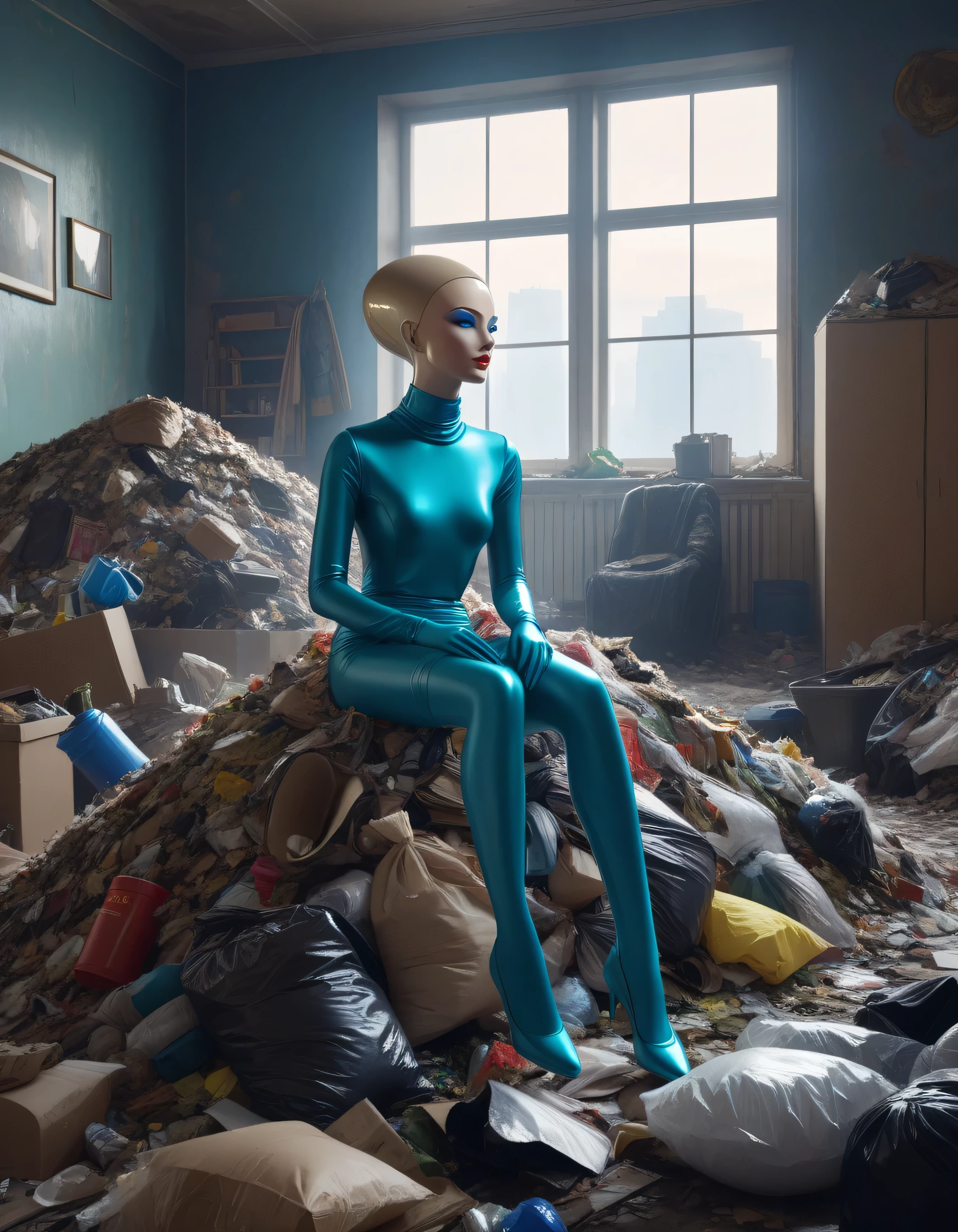 Extraterrestrial world with a mannequin sitting on top of a pile of garbage in an old soviet apartment, concept art, 4k, trending on artstation