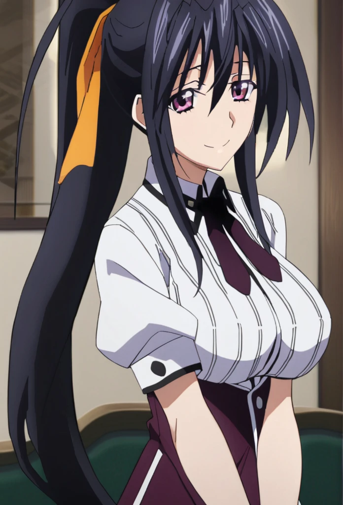 sysdeep_akeno, 1girl, solo, long_hair, looking_at_viewer, smile, big_breasts, shirt, black_hair, ribbon, hair_between_eyes, very_long_hair, school_uniform, purple_eyes, hair_ribbon, white_shirt, ponytail, short_sleeves, indoors, neck_ribbon, high_ponytail, v_arms, orange_ribbon, sexy_body,  