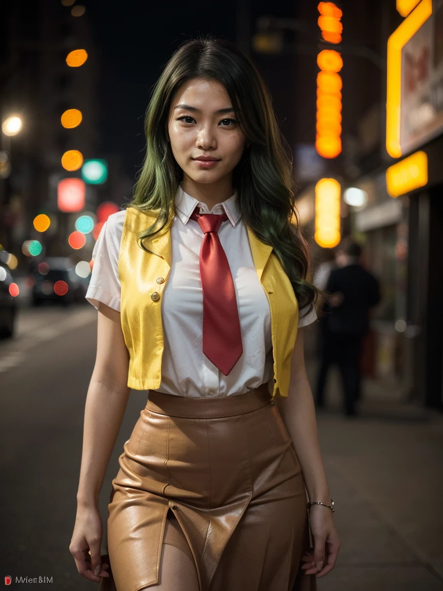 (1 lady), (Best quality at best:1.4), (ultra - detailed), (extremely detailed CG unified 16k), A Beautiful Woman with Perfect Figure: 1.4, Sharp Focus: 1.2, very detailed, High-definition RAW color photo, professional photoshooting, amazing face and eyes, cosmetics, (amazingly beautiful girl), ((Mion Sonozaki)), ((white shirt, red necktie, yellow vest, red skirt)), standing, sexyposture,(Dark and stylish urban landscape, city lights, city lights:1.3), (look from down), realistic cinematic face, head to feet long wide zoomed out view, full body long view, photorealistic, ((realistic natural green hair style, green eyes, long hair)), gorgeous, extremely beautiful face, perfect model beauty, pout mouth, Highly Detailed Face and Skin Texture, Detailed Eyes, Double Eyelids, Big Breasts, Smile, cleavages, western, (masterpiece), best quality, high resolution, extremely detailed, blurred background, depth of field, cinematic lighting, amazing legs, clear and well-cared skin, (((woman occupies most of the picture)))