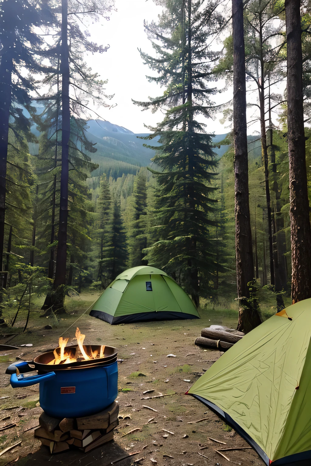 survival camping Happiness tools in the forest next to the Lake