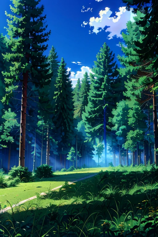 Football field in the middle of a forest with tall trees, blue sky, detailed clouds