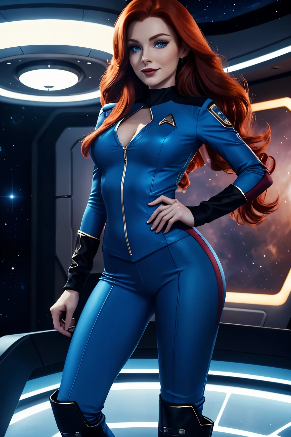 a 20 year old sexy space babe, beautiful Dr Beverly Crusher with long red hair, eyeliner, lipstick, eyeshadow, flirty smile, cute glint in her blue eyes, on the bridge of the enterprise, wearing a tng uniform, refined face detail, blue ambient lighting, perfect proportions, ideal figure, tall space boots, thick legs, thigh gap, (SEXY:1.3),