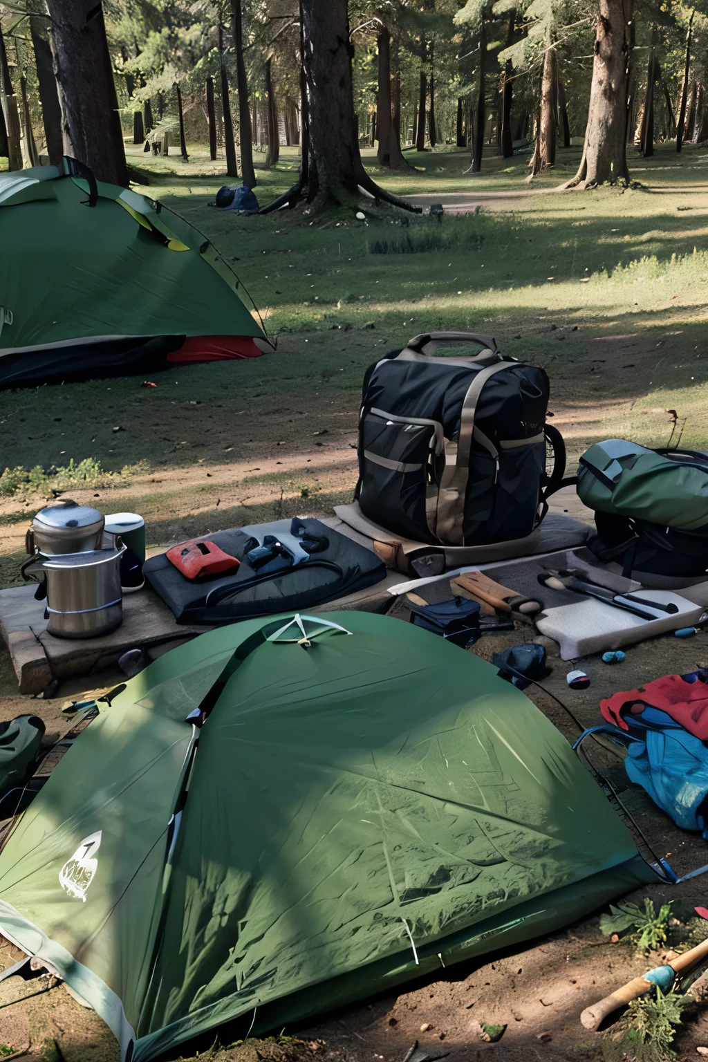 survival camping Happiness tools in the forest next to the Lake