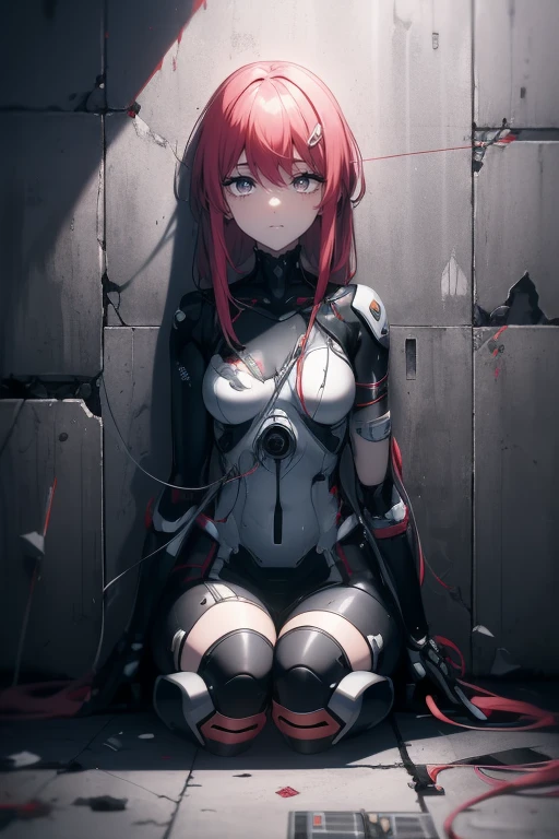 Hyper Robot. Super happy and upbeat. flying. blush. mechanical eyes. Missing arm. exposed circuitry. Exposed wires. Damaged. Happy smile. left arm is torn off. hair clip. Asymmetrical outfit. damaged core. broken eye. sitting on the floor against the wall. abandoned.