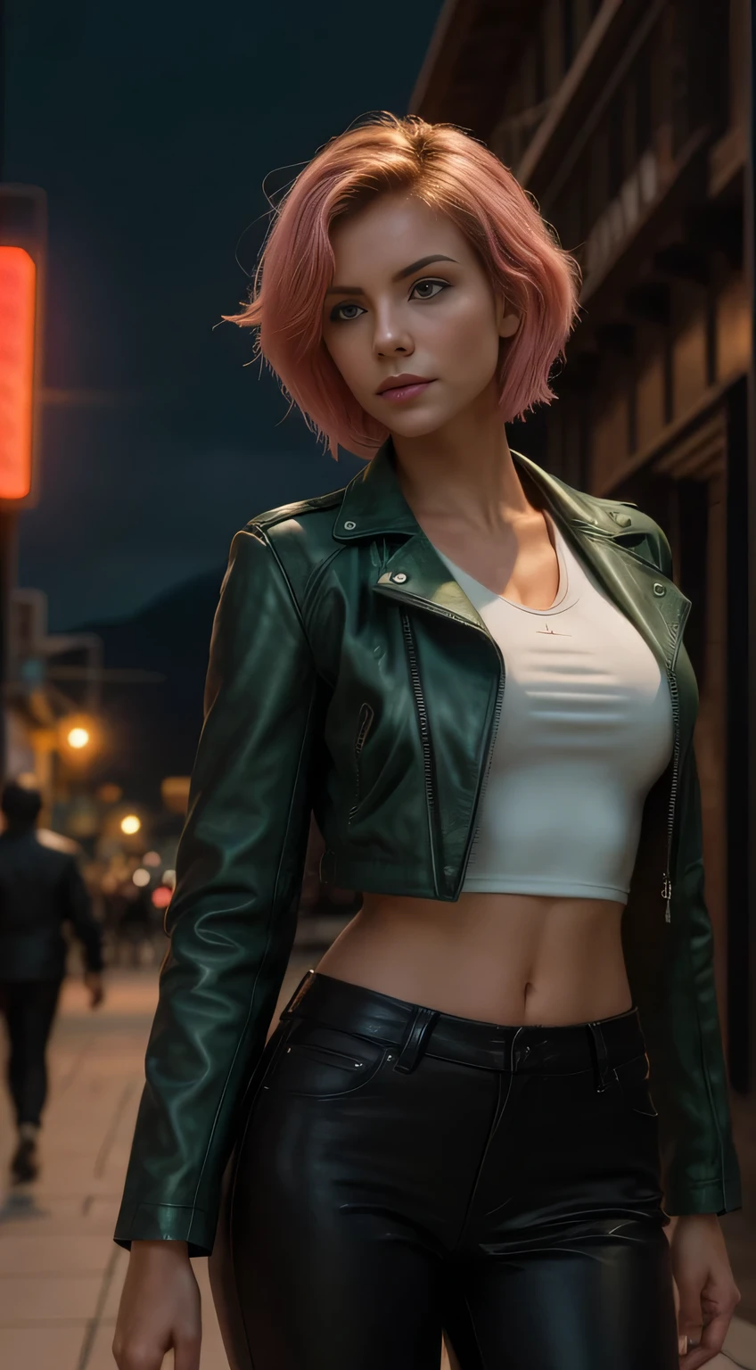 full-length, white woman standing in a whistler square ( - Canada), wearing a ((green leather jacket)) over a thin, transparent low-cut tank top. She wears matte black leather pants. The woman has a beautiful, toned, body. short pink hair, The image is realistic, highly detailed. Very high resolution, 8k rendering, late afternoon lighting with the sun setting and the horizon red. The city lights are on. The lighting is perfect, the scene is sharp, extreme realism, cinematic image., motion blur, Art Deco, cinematic lighting, 16k, masterpiece, textured skin, 8k, super detail, 8k