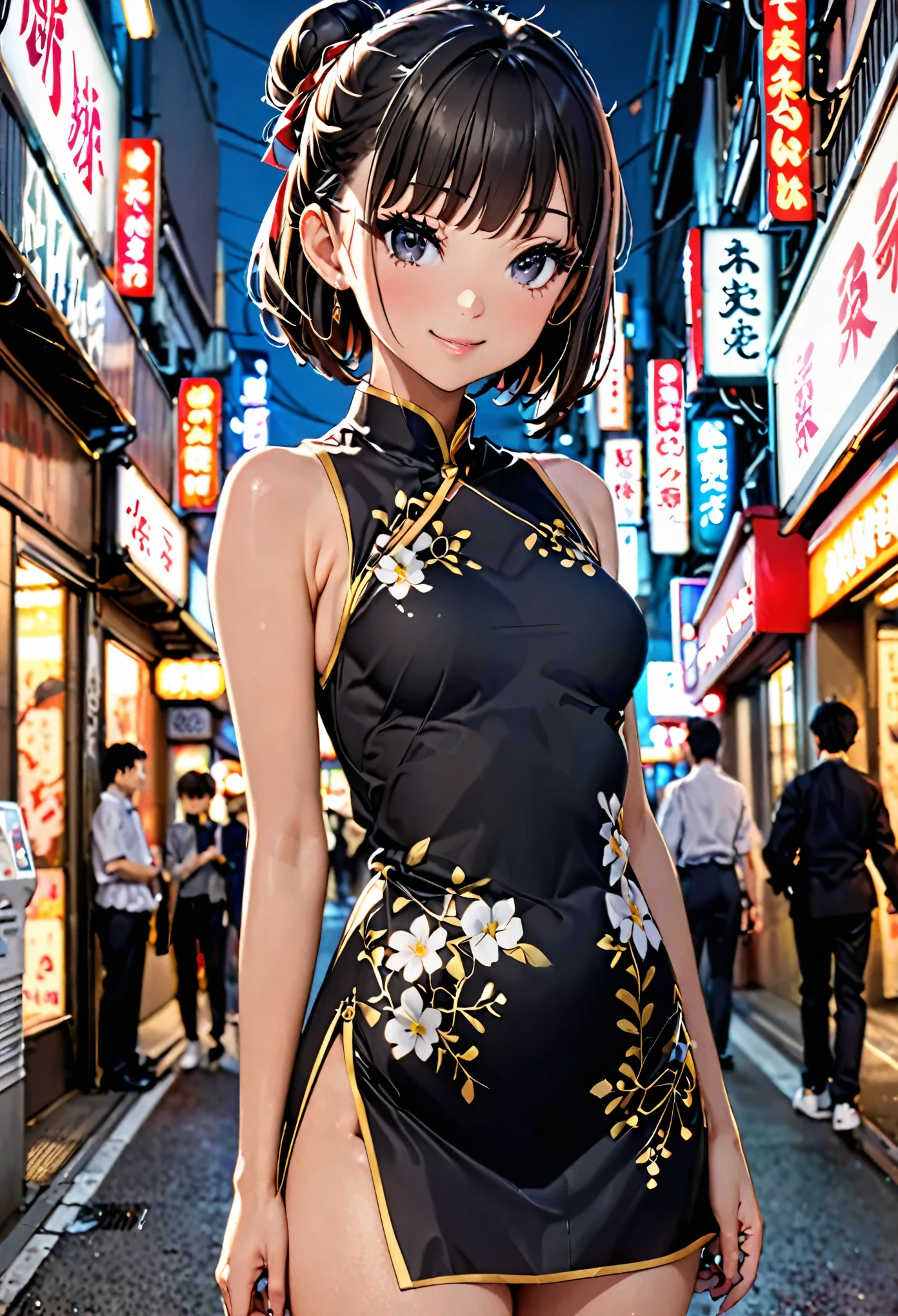 ((high quality anime, 8k,masterpiece,Perfect Anatomy)),cowboy shot,1 female,(beautiful detailed face and eyes,gorgeous eye:1.3,black eyes),The perfect 20 years old,Black Hair、Straight hair,short hair,blunt bangs,1bun,smile,small breasts,small face:1.5,slender body,skinny,Sexy Chinese Dress、Lots of exposure、Deep slit、on street,Shibuya、Tokyo、Outdoor、at night、Neon lights、