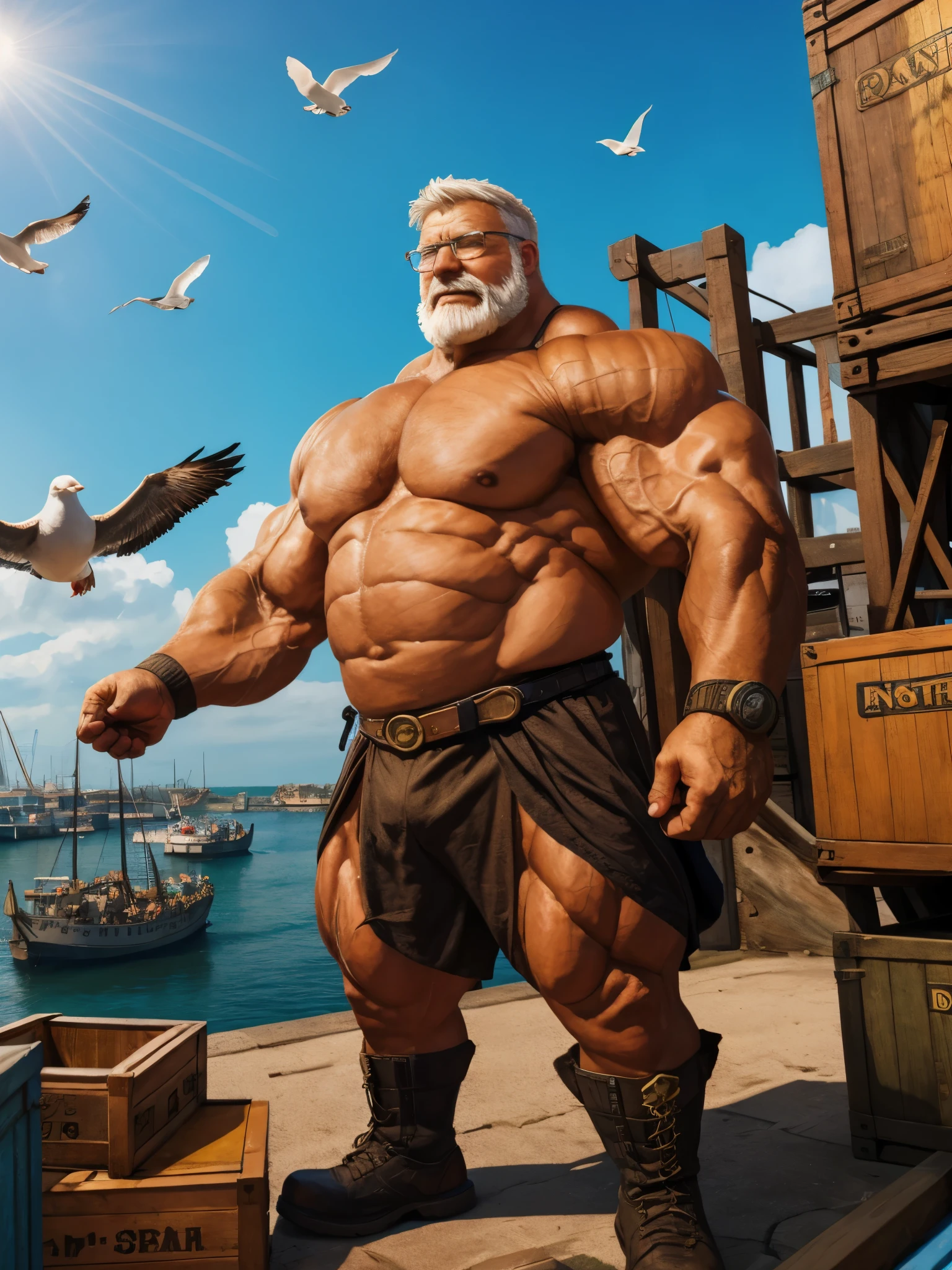 A solo, muscular boy with huge pectorals wearing glasses stands in a harbor, shirtless. He is an old man with short white hair and a thick beard. The scene is full of pirates, creating an adventurous atmosphere. The artwork is a masterpiece, with high detail and resolution of 8k. The muscular boy's pectorals are particularly emphasized, showcasing his strength. The harbor is bustling with activity, with ships, crates, and seagulls in the background. The lighting is dramatic, highlighting the boy's strong physique. Overall, the image exudes a sense of power, adventure, and mastery.