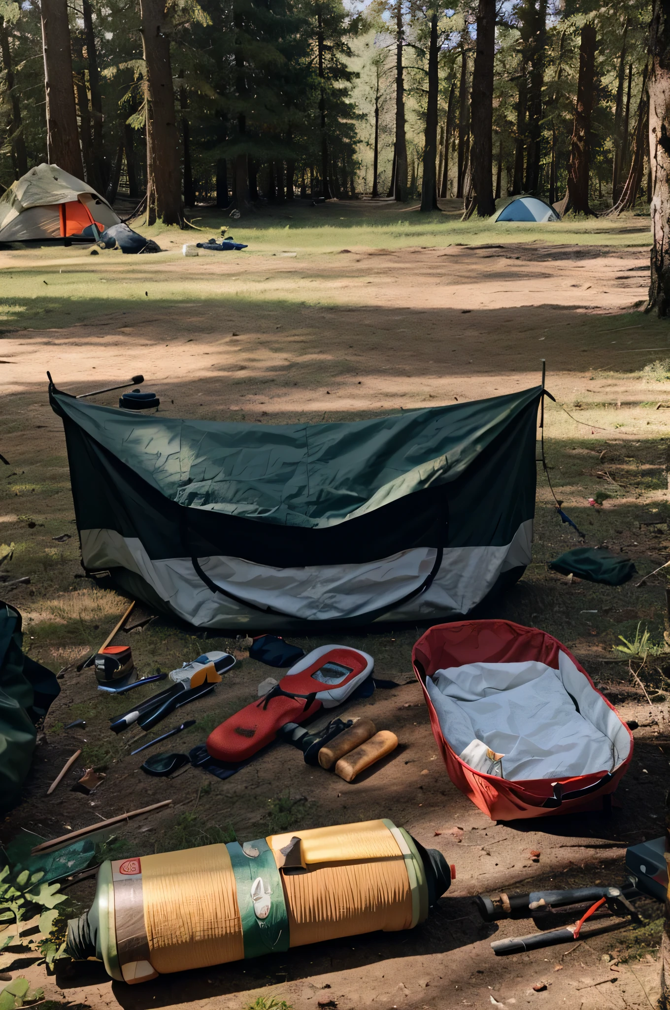 survival camping tools in the forest next to the Lake