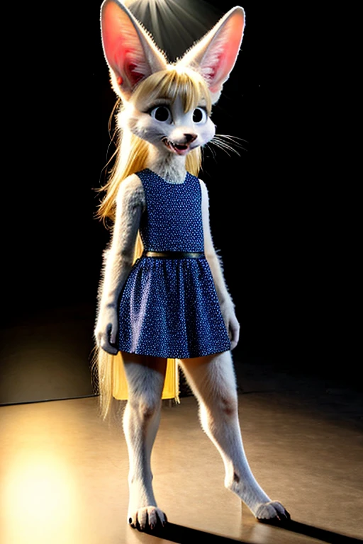 (white fur:1.2), short slim skinny female digitigrade fennec, medium breasts,  BREAK whiskers, black lips and nose, bright and vivid deep blue eyes, BREAK long wavy blonde hair, BREAK light blue mini dress trimmed with black lace BREAK standing on stage in the spotlight, BREAK by (trigaroo:1.2), by discreet user [by dryadex, by syuro::12], [by v-tal:by himeragoldtail:18], (by toots, by syn-6), (whisperfoot:0.6), (by kenket:0.8), translucency