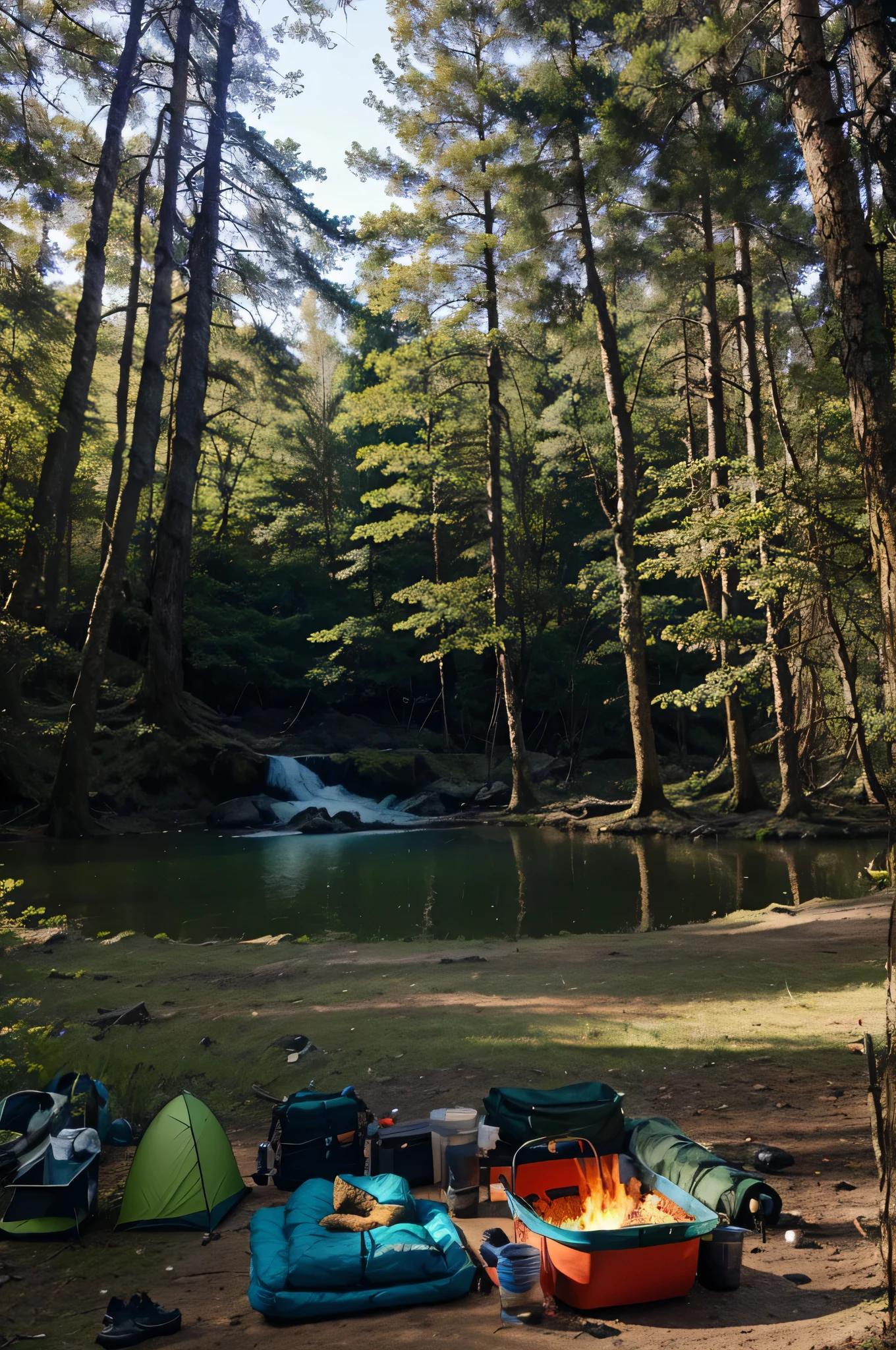 survival camping tools in the forest next to the Lake and waterfal