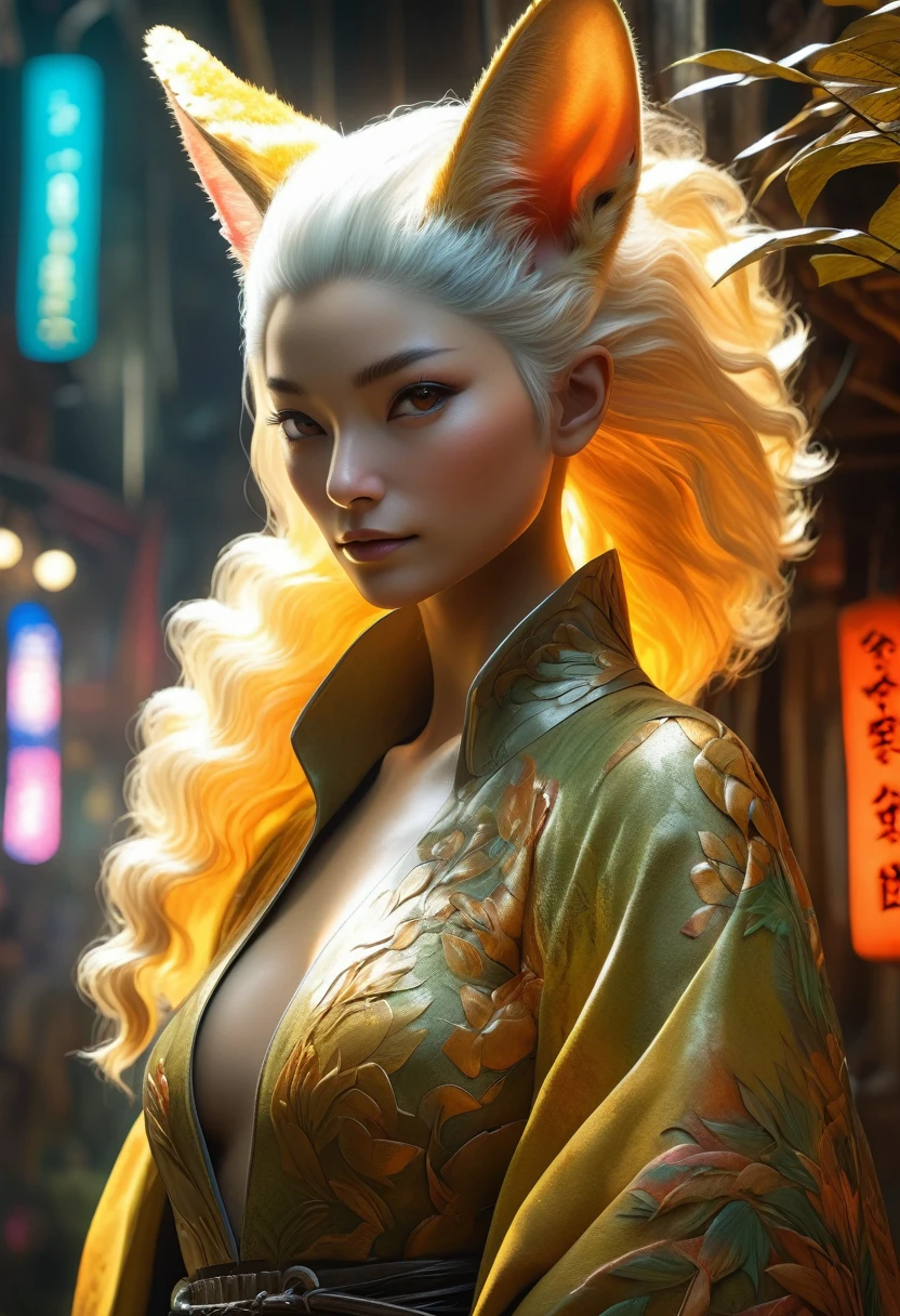 best quality,4k,8k,highres,masterpiece:1.2,ultra-detailed,realistic:1.37,HDR,UHD,studio lighting,ultra-fine painting,sharp focus,physically-based rendering,(Yoshitaka Amano style:1.1),SFW,(safe for work), A nordic woman and her guardian familiar, mystical creature,otherworldly creature,enchanting companions,wearing stylish futuristic clothes,inspired by Nioh,wide angle, dynamic poses, (The woman, with her eyes brightly colored, no makeup and her nordic facial features elegantly detailed, adding to her allure. Dressed in elegant casual clothes with a stylish futuristic jacket.), (She is accompanied by a guardian, an eyelash viper and Fennec mixed creature with exquisite appearance features resembling a Persona. The creature's presence adds a sense of wonder and magic to the scene.), (The woman and her companion stand in a dark and gothic city, a modern metropolis with surreal plants, and vibrant signs. The colors are vibrant, with a mixture of browns, olive, and pale reds creating a dreamlike atmosphere.), (The lighting is soft but illuminating, casting a gentle glow on both the woman and the creature.), (The overall composition has a realistic and photorealistic quality, capturing the essence of the scene in intricate detail.), (The art style is inspired by Yoshitaka Amano, known for his ethereal and otherworldly illustrations. The combination of realistic elements with the artist's unique style creates a captivating and visually stunning image.),Greg Rutkowski