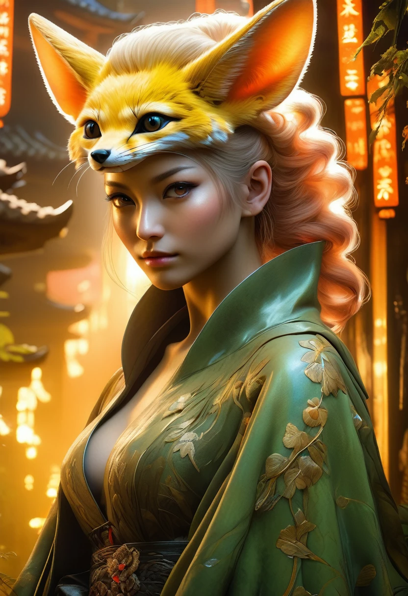 best quality,4k,8k,highres,masterpiece:1.2,ultra-detailed,realistic:1.37,HDR,UHD,studio lighting,ultra-fine painting,sharp focus,physically-based rendering,(Yoshitaka Amano style:1.1),SFW,(safe for work), A nordic woman and her guardian familiar, mystical creature,otherworldly creature,enchanting companions,wearing stylish futuristic clothes,inspired by Nioh,wide angle, dynamic poses, (The woman, with her eyes brightly colored, no makeup and her nordic facial features elegantly detailed, adding to her allure. Dressed in elegant casual clothes with a stylish futuristic jacket.), (She is accompanied by a guardian, an eyelash viper and Fennec mixed creature with exquisite appearance features resembling a Persona. The creature's presence adds a sense of wonder and magic to the scene.), (The woman and her companion stand in a dark and gothic city, a modern metropolis with surreal plants, and vibrant signs. The colors are vibrant, with a mixture of browns, olive, and pale reds creating a dreamlike atmosphere.), (The lighting is soft but illuminating, casting a gentle glow on both the woman and the creature.), (The overall composition has a realistic and photorealistic quality, capturing the essence of the scene in intricate detail.), (The art style is inspired by Yoshitaka Amano, known for his ethereal and otherworldly illustrations. The combination of realistic elements with the artist's unique style creates a captivating and visually stunning image.),Greg Rutkowski