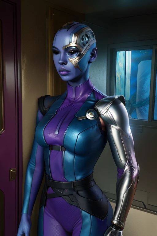 nebula,colored skin,single mechanical arm,black eyes,bald,cyborg, karen gillan face,
purple bodysuit,sleeveless, 
standing,upper body,
science fiction, space statin, indoors, 
(insanely detailed, beautiful detailed face, masterpiece, best quality),solo,