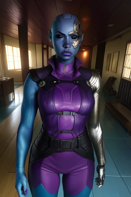 nebula,colored skin,single mechanical arm,black eyes,bald,cyborg, karen gillan face,
purple bodysuit,sleeveless, 
standing,upper body,
science fiction, space statin, indoors, 
(insanely detailed, beautiful detailed face, masterpiece, best quality),solo,