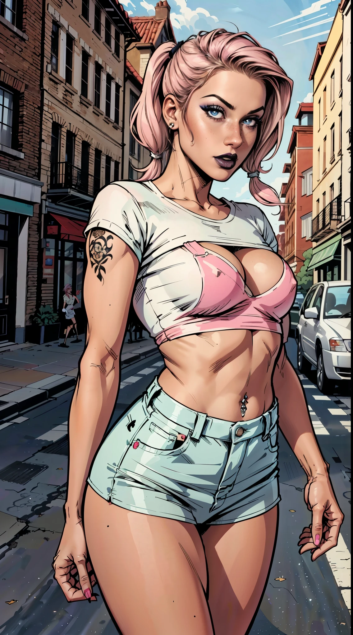 Close up of an  supermodel woman face, at a busy cluttered city street background, daytime, pale blue eyes, detailed short pink hair with pigtails and shaved sides haircut, freckles, blushing, pouting expression, single eyebrow raised, eye shadow, black lipstick, pierced eyebrow, big , wearing a loose baggy tshirt crop top, looking to the side, comic book style, flat shaded, prominent comic book outline linework