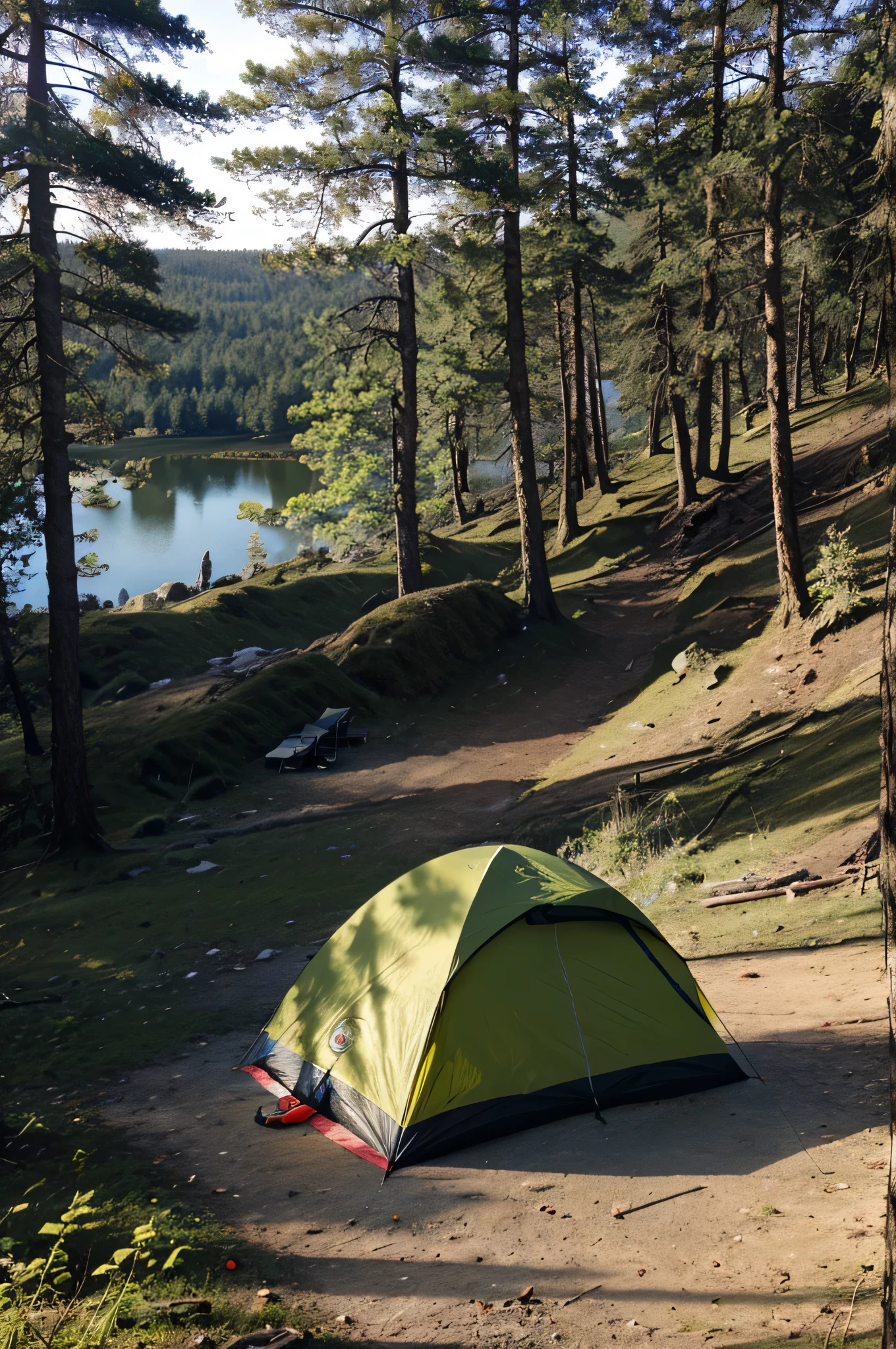 survival camping tools in the forest next to the Lake and waterfal