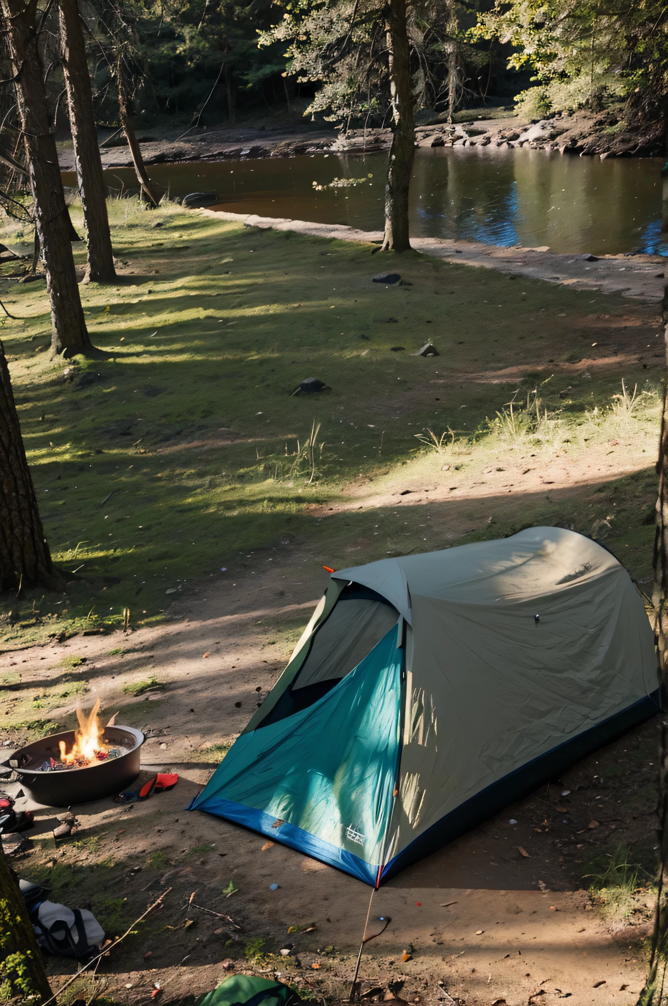 survival camping tools in the forest next to the Lake and waterfal