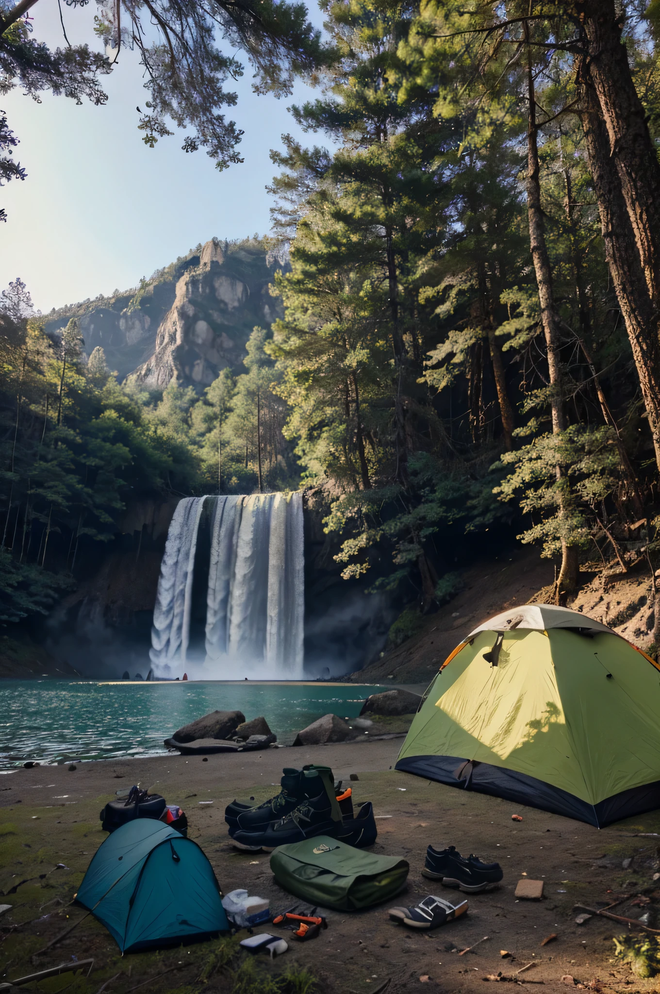 survival camping tools in the forest next to the Lake and waterfall