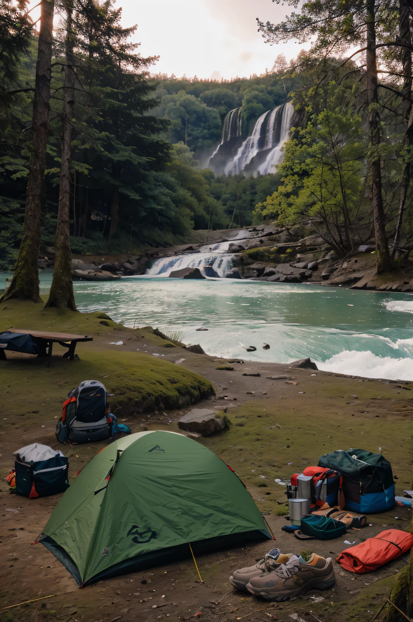 survival camping tools in the forest next to the Lake and waterfall