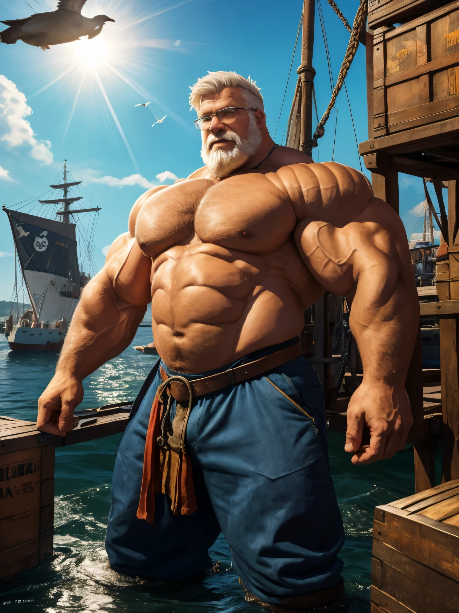 A solo, muscular boy with huge pectorals wearing glasses stands in a harbor, shirtless. He is an old man with short white hair and a thick beard. The scene is full of pirates, creating an adventurous atmosphere. The artwork is a masterpiece, with high detail and resolution of 8k. The muscular boy's pectorals are particularly emphasized, showcasing his strength. The harbor is bustling with activity, with ships, crates, and seagulls in the background. The lighting is dramatic, highlighting the boy's strong physique. Overall, the image exudes a sense of power, adventure, and mastery.