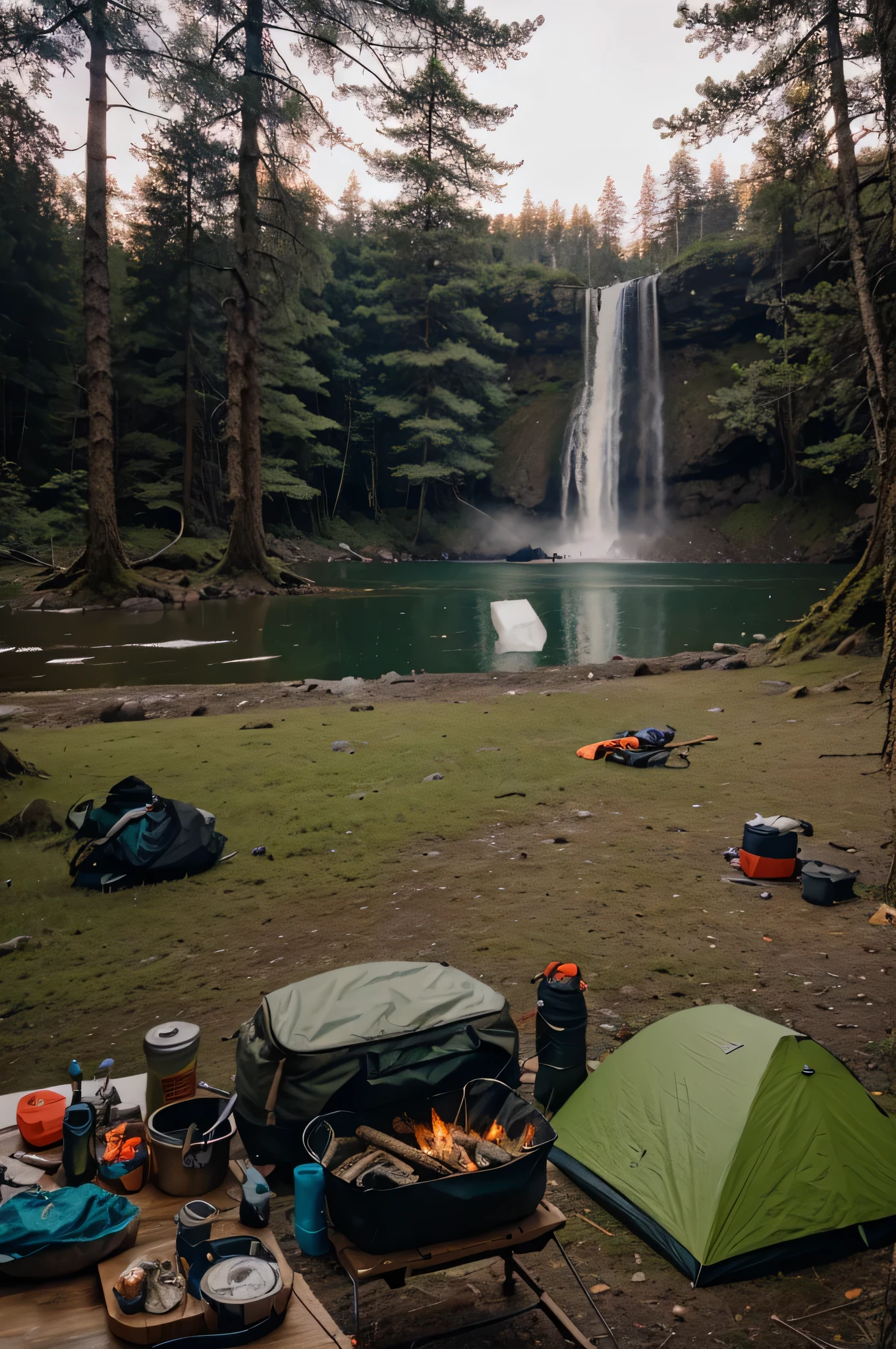 survival camping tools in the forest next to the Lake and waterfall