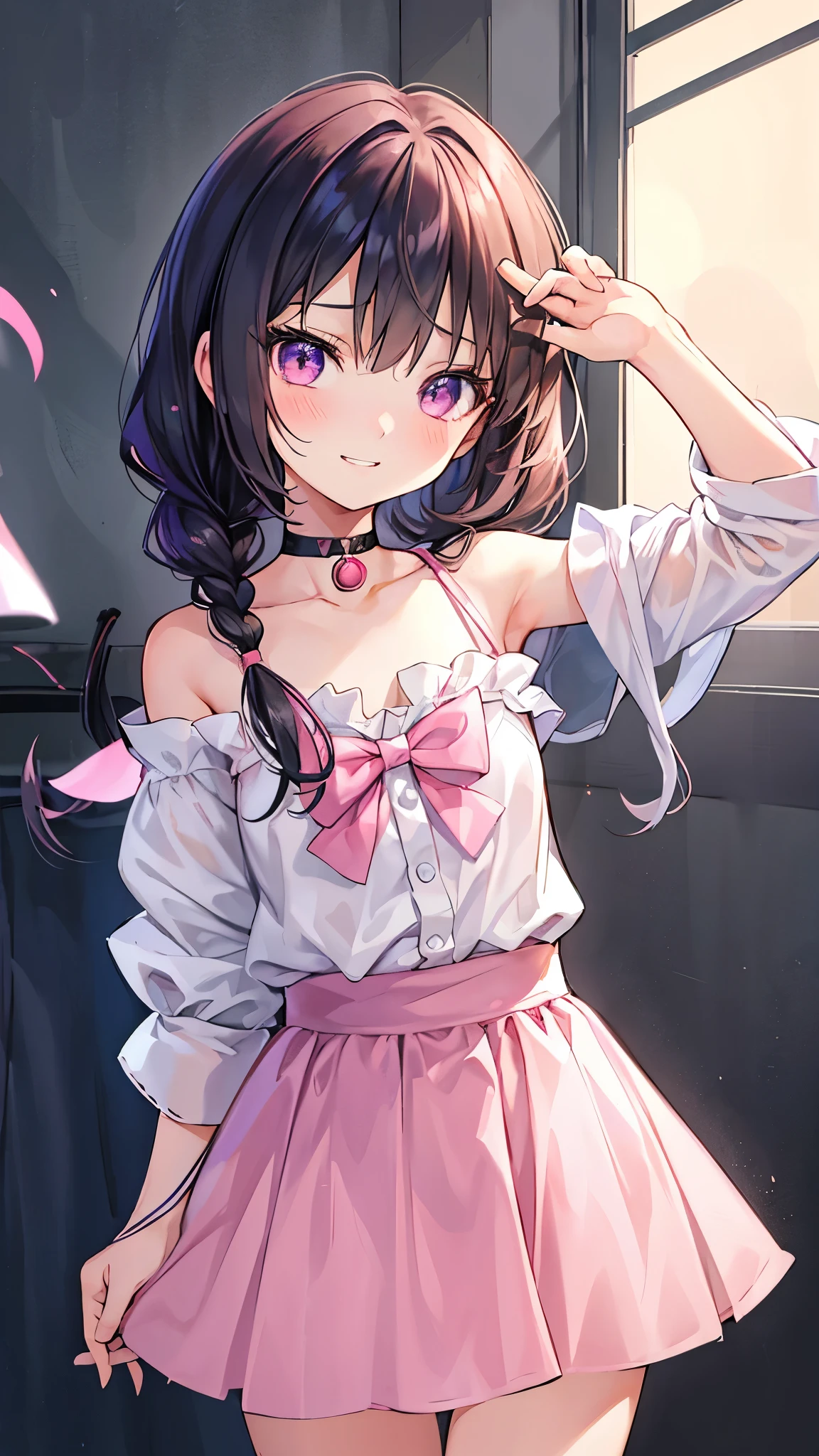 1 juvenile junior idol cute lovable adorable tiny australian middle-school girl energetic, loose hair, shy smile, unique face, blacke hair, immature, childish, acting super shy, delicate, weak, loving romantic vibes, in love, small short height, preparing for mating, dwarf girl noble, short slim legs, mischievous, soft babyfaced gentle happy looking face, carefree, unblemished skin, otaku student president, grin, braids hairstyle, naughty, teasing, awkward short girl, pitite lityle dainty diminutive, shougakusei shoujo, excited, hyperactive girl, skirt, small shoulders, slim arms, acting spoiled, sch0olgirl bangs, fashion trendy beautiful beautiful beautiful girl, gentle and attractive beautiful girl, 10 years oldnd sexy collarbone, Attractive oval face, double eyelids, smart peach blossom eyes, pink lips, small nose, bare shoulders, ultra high definition, super detail, fresh and impressive