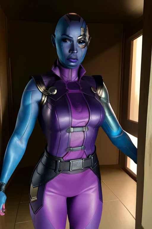 nebula,colored skin,single mechanical arm,black eyes,bald,cyborg, karen gillan face,
purple bodysuit,sleeveless, 
standing,upper body,
science fiction, space statin, indoors, 
(insanely detailed, beautiful detailed face, masterpiece, best quality),solo,