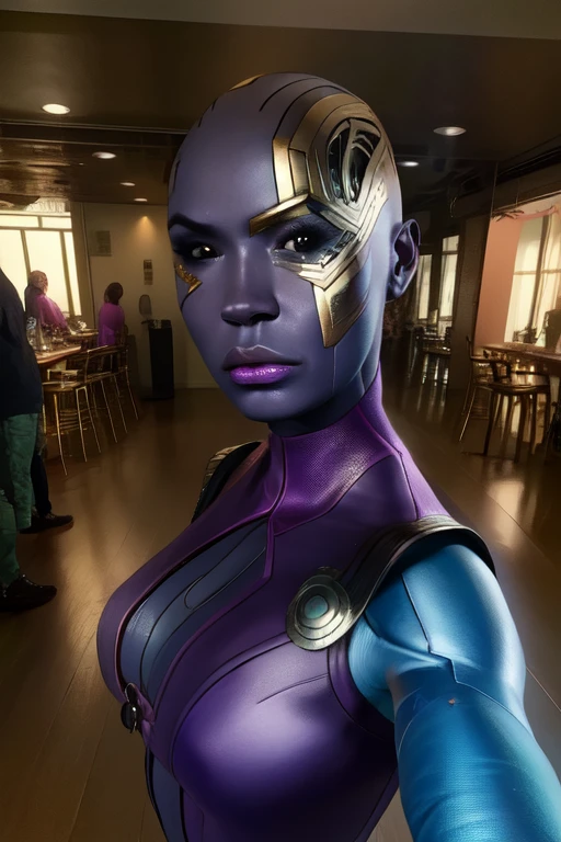 nebula,colored skin,single mechanical arm,black eyes,bald,cyborg, karen gillan face,
purple bodysuit,sleeveless, 
standing,upper body,
science fiction, space statin, indoors, 
(insanely detailed, beautiful detailed face, masterpiece, best quality),solo,