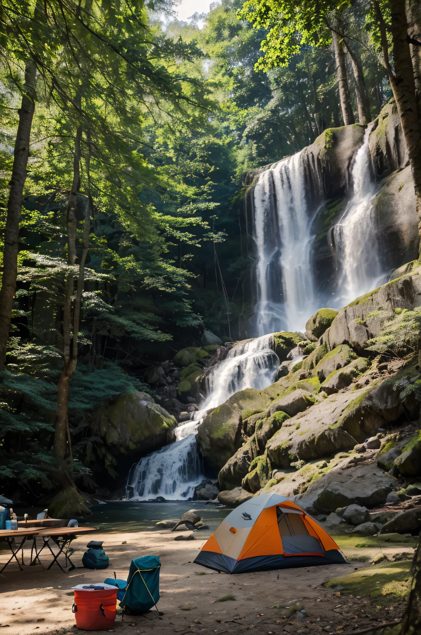 survival camping tools,forest landscape,next to the Lake and waterfall,highres,bokeh,photorealistic,vivid colors,(campfire:1.1),tents,backpacks,hiking boots,sleeping bags,camp stove,compass,flashlights,swiss army knife,ropes,durable,trekking poles,carabiners,survival guide,water purification tablets,first aid kit,fire starter,hammocks,camp chairs,nature-inspired design,(peaceful,serene) atmosphere,adventure,exploration,relaxation,tree-covered mountains,clear blue sky,crystal clear water,majestic waterfall,refreshing breeze,tranquil (natural sounds, birds chirping),lush greenery,thick foliage,towering trees,moss-covered rocks,dappled sunlight,natural beauty,pristine environment