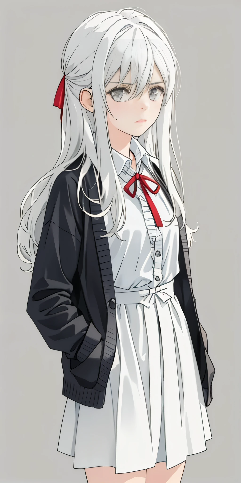 ((casual-style)), 1girl, solo, white hair, shirt, red ribbon, ribbon, looking at viewer, long hair, full body, white eyes, white shirt, grey eyes, hair between eyes, neck ribbon, collared shirt, cardigan, closed mouth, expressionless, jacket, simple background, frills, bangs, white background, long sleeves