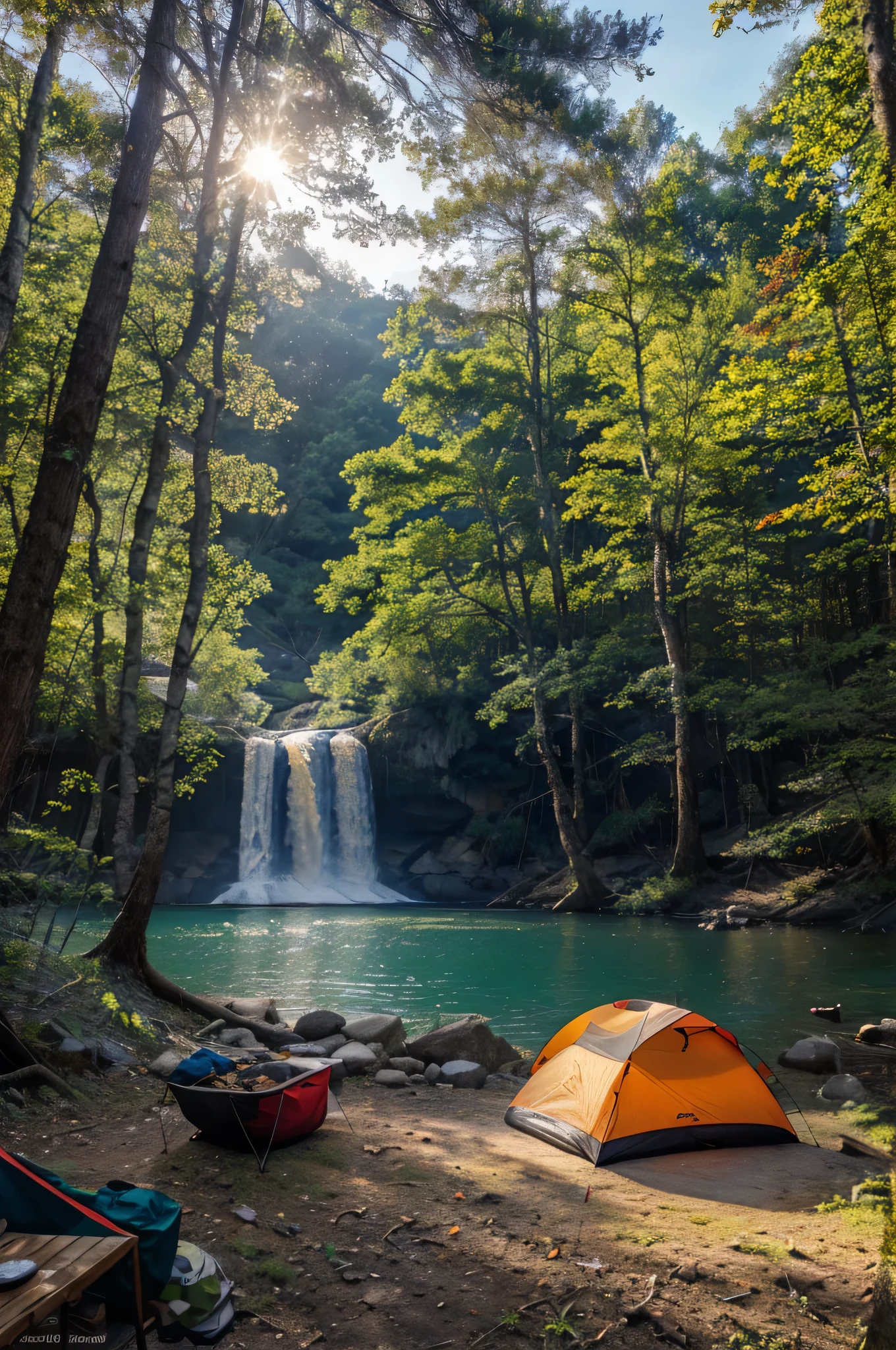 (best quality,4k,8k,highres,masterpiece:1.2),ultra-detailed,(realistic,photorealistic,photo-realistic:1.37), survival camping tools in the forest next to the Lake and waterfall with a lot of flowers, outdoor adventure gear, camping essentials, rugged backpacks, sturdy tents, waterproof boots, multifunctional camping knives, bright headlamps, portable water filters, durable travel cookware, compact sleeping bags, lightweight hammocks, fire starters, survival ropes, navigation compasses, handy multitools, insect repellent, first aid kits, binoculars, hiking poles, map and compass navigation, cozy campfire, crackling firewood, well-stocked camping supplies, vibrant wildflowers, lush vegetation, towering trees, tranquil lake, crystal-clear water, cascading waterfall, peaceful forest setting, sun-dappled forest floor, chirping birds, gentle breeze, flickering firelight, warm and inviting atmosphere