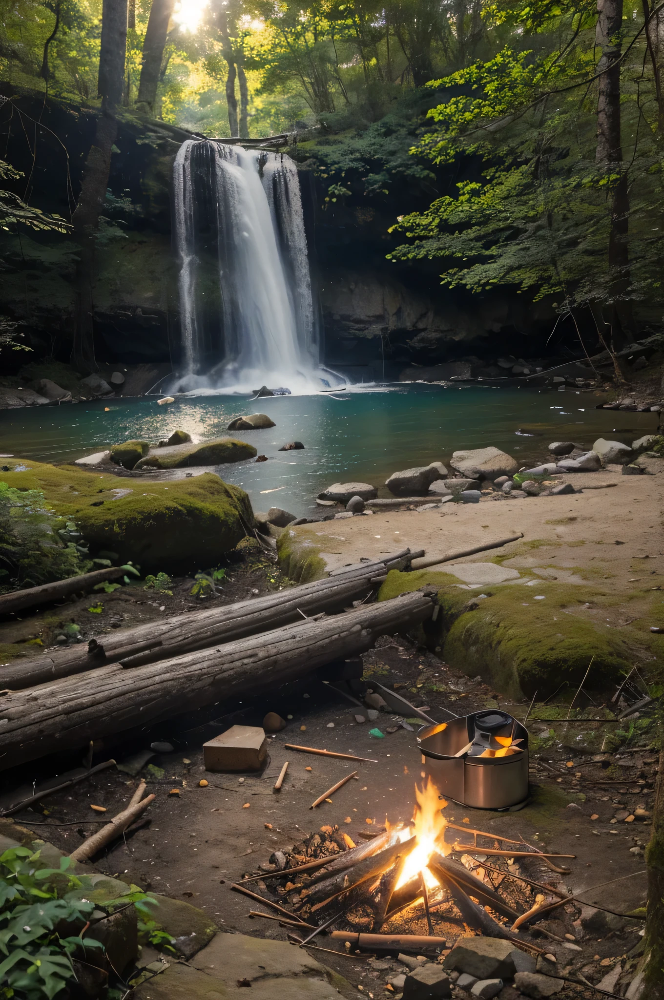 (best quality,4k,8k,highres,masterpiece:1.2),ultra-detailed,(realistic,photorealistic,photo-realistic:1.37), survival camping tools in the forest next to the Lake and waterfall with a lot of flowers, outdoor adventure gear, camping essentials, rugged backpacks, sturdy tents, waterproof boots, multifunctional camping knives, bright headlamps, portable water filters, durable travel cookware, compact sleeping bags, lightweight hammocks, fire starters, survival ropes, navigation compasses, handy multitools, insect repellent, first aid kits, binoculars, hiking poles, map and compass navigation, cozy campfire, crackling firewood, well-stocked camping supplies, vibrant wildflowers, lush vegetation, towering trees, tranquil lake, crystal-clear water, cascading waterfall, peaceful forest setting, sun-dappled forest floor, chirping birds, gentle breeze, flickering firelight, warm and inviting atmosphere
