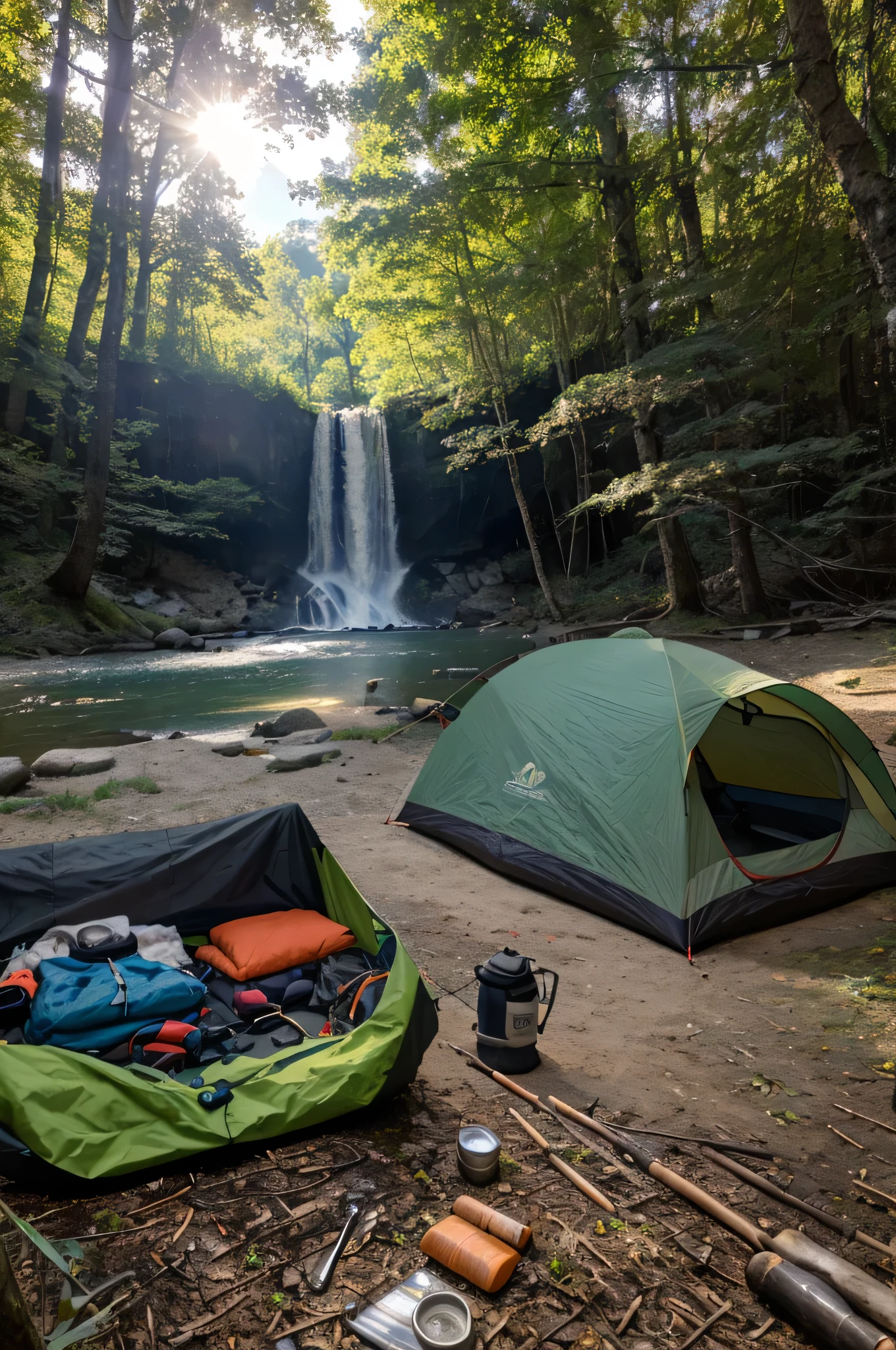 (best quality,4k,8k,highres,masterpiece:1.2),ultra-detailed,(realistic,photorealistic,photo-realistic:1.37), survival camping tools in the forest next to the Lake and waterfall with a lot of flowers, outdoor adventure gear, camping essentials, rugged backpacks, sturdy tents, waterproof boots, multifunctional camping knives, bright headlamps, portable water filters, durable travel cookware, compact sleeping bags, lightweight hammocks, fire starters, survival ropes, navigation compasses, handy multitools, insect repellent, first aid kits, binoculars, hiking poles, map and compass navigation, cozy campfire, crackling firewood, well-stocked camping supplies, vibrant wildflowers, lush vegetation, towering trees, tranquil lake, crystal-clear water, cascading waterfall, peaceful forest setting, sun-dappled forest floor, chirping birds, gentle breeze, flickering firelight, warm and invit