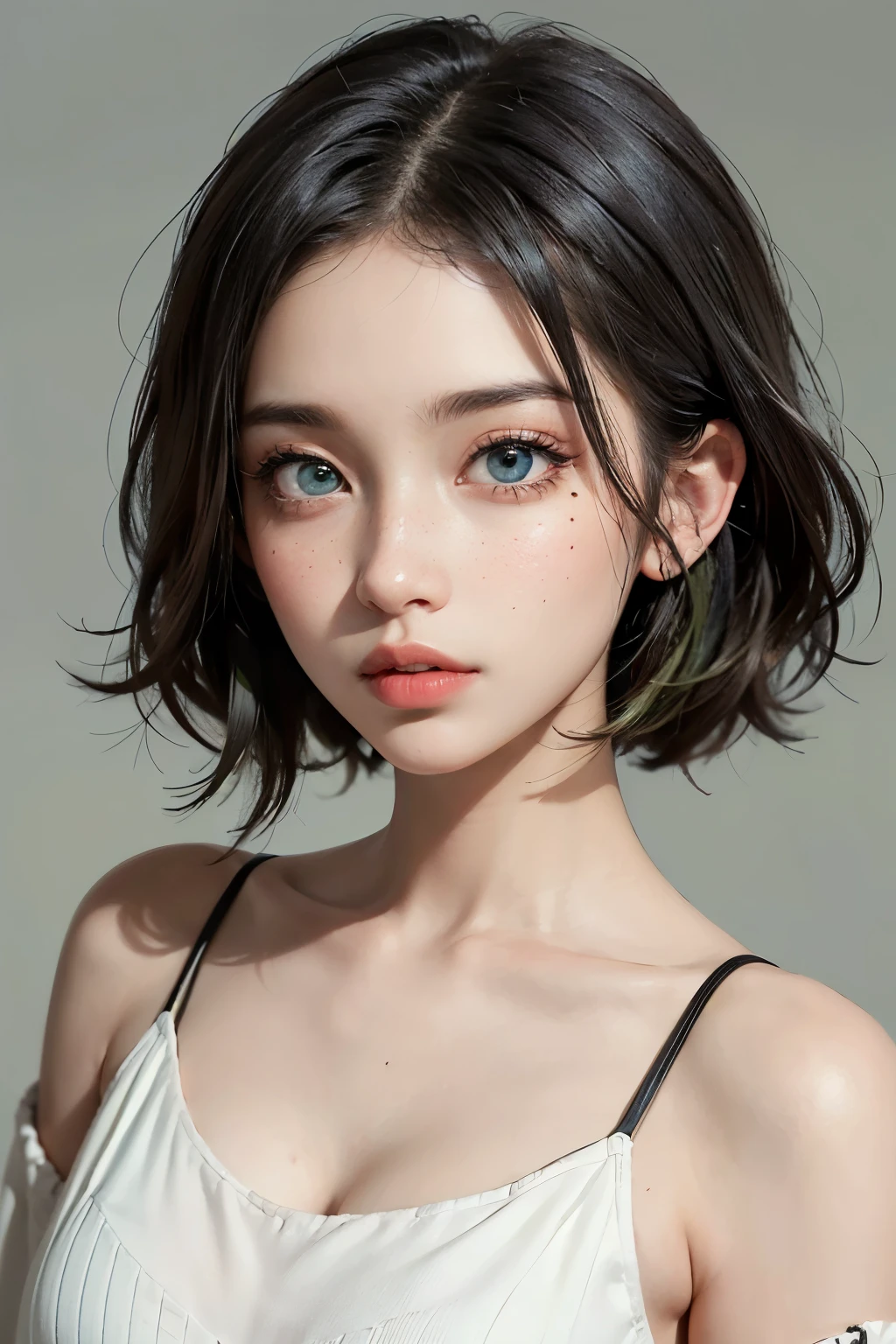 Destaque para olhos com cores diferentes Garota rara com ((Um olho com cores diferentes do outro)) freckles on the face short black hair sweet look young 21 years old left eyes are blue right eyes are green