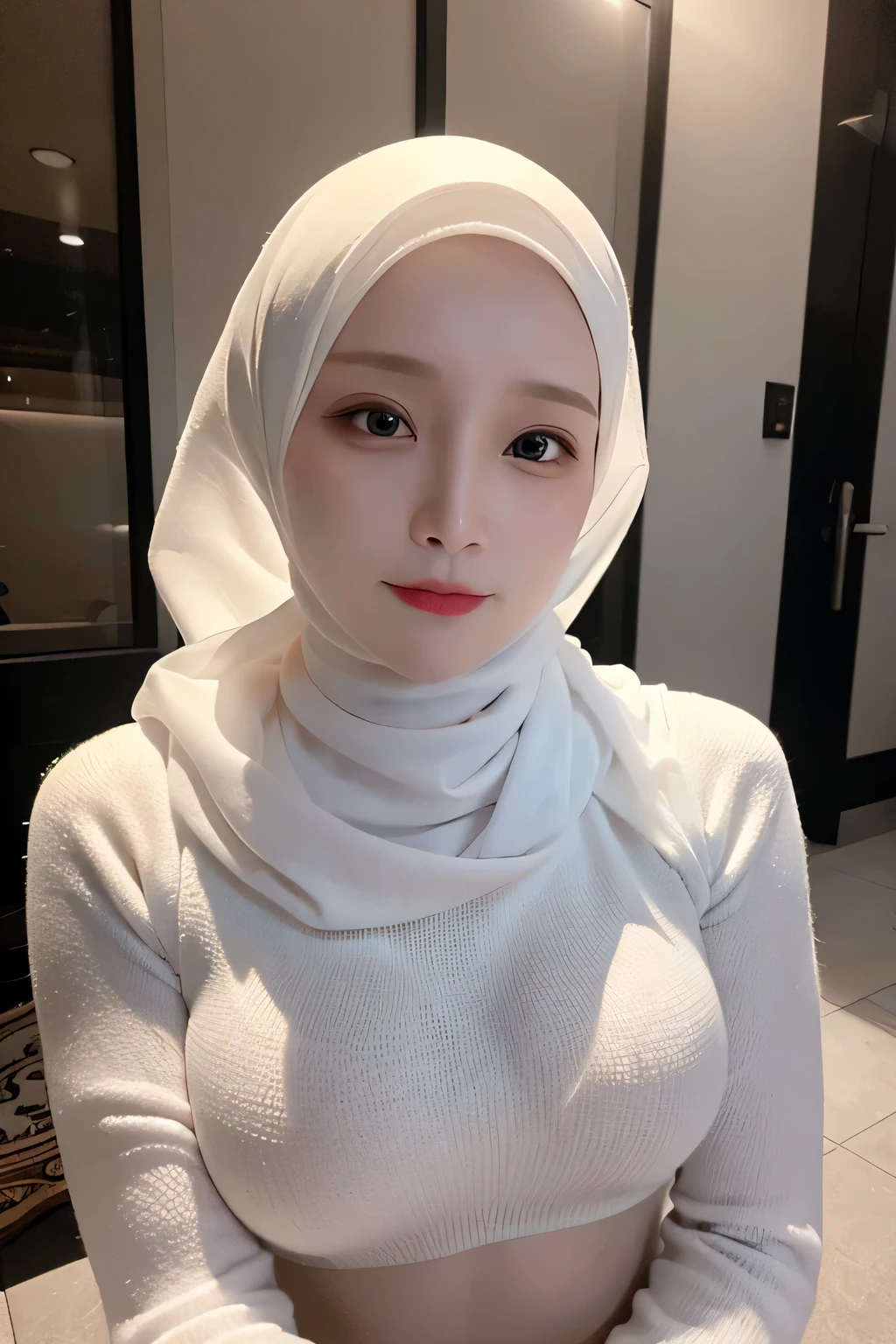 (Best quality, masterpiece) ,(nikon RAW photo, 8 k, Fujifilm) , 1girl, mature female, (hijab, white hijab:1.2) , casual outfit, medium breast, professional lighting, dramatic lighting, medium close shot, (serious expression), emotionless, looking to viewer, outdoor, depth of field,