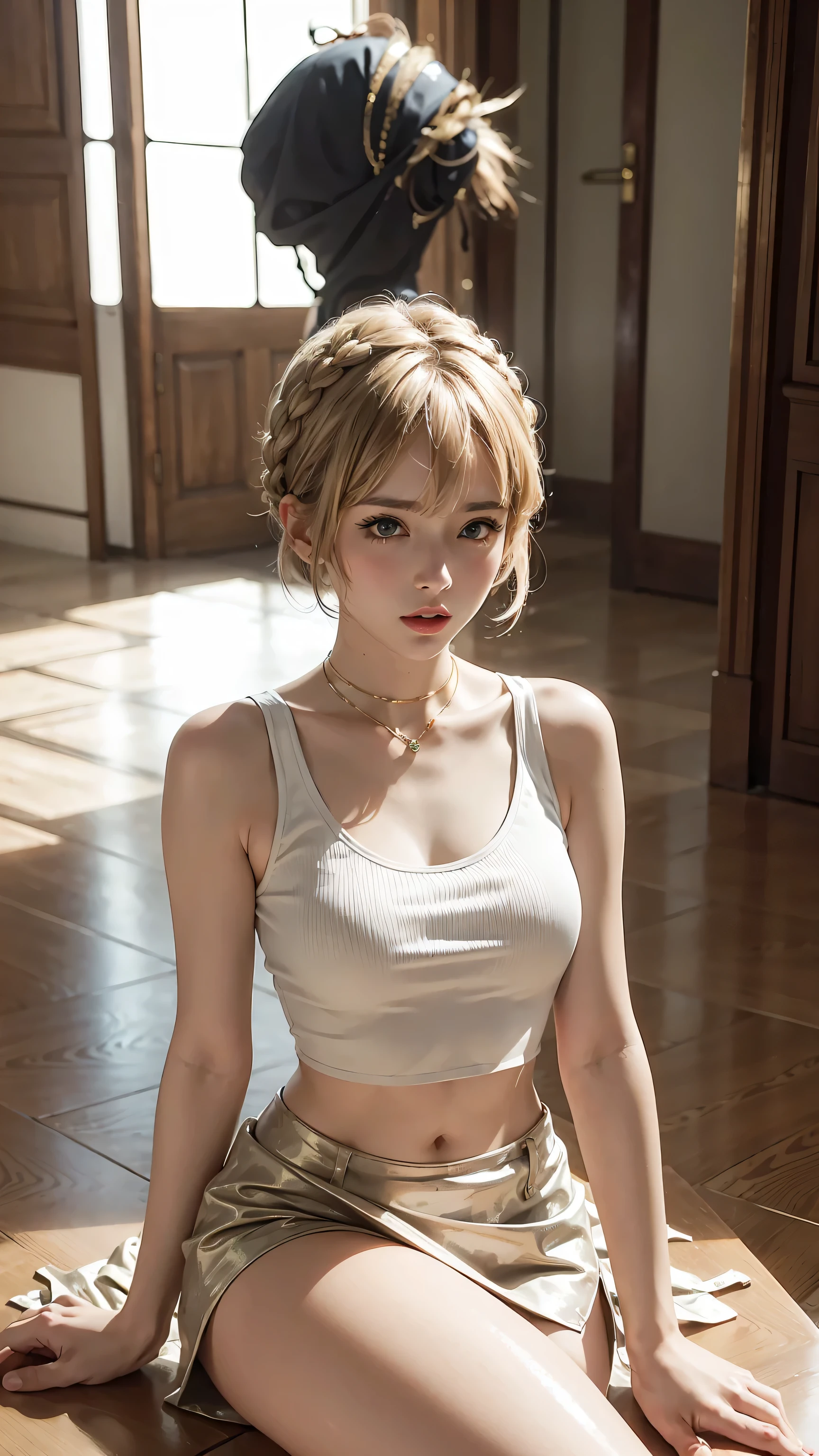 Masterpiece, best quality, super fine, 16k, incredibly absurdres, extremely detailed, beautiful woman, amorous and lewd expression, glossy white-gold messy short hair, side braided, She is wearing a loose-fitting tank top, and mini skirt, superlative body proportion, sitting,