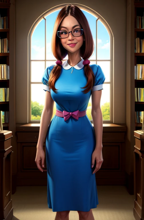 gretchen,black eyes,large glasses,low twintails,buck teeth,
blue dress,short sleeves,
smile,standing,
library,window, full body view, 
(insanely detailed, beautiful detailed face, masterpiece, best quality),solo,