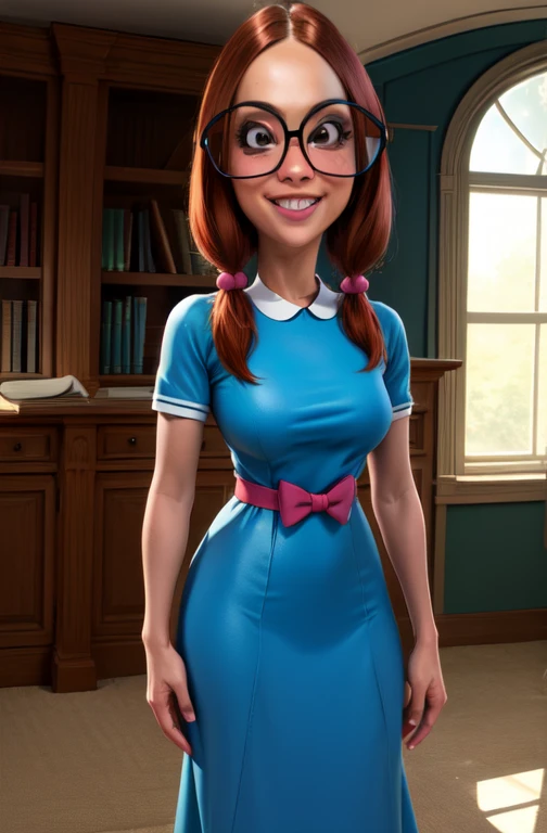 gretchen,black eyes,large glasses,low twintails,buck teeth,
blue dress,short sleeves,
smile,standing,
library,window, full body view,
(insanely detailed, beautiful detailed face, masterpiece, best quality),solo,