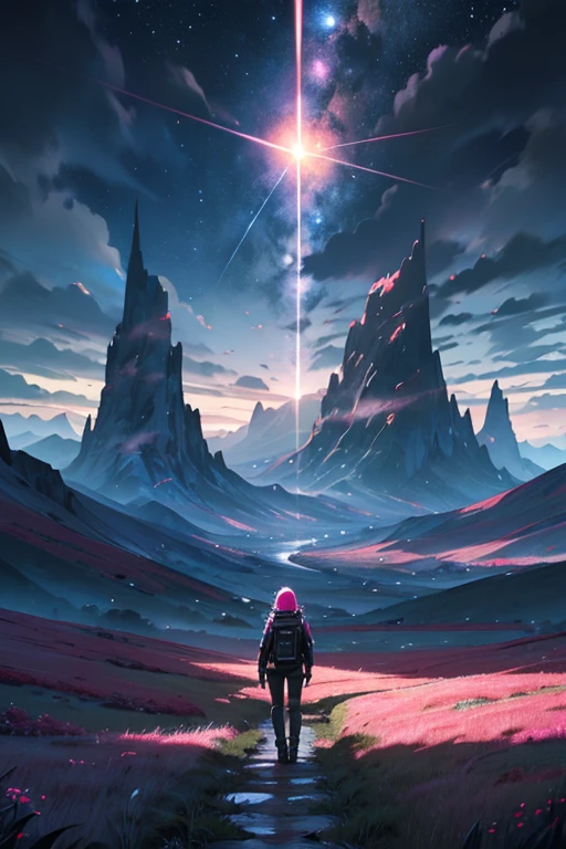 multiverse, has black grassland, has dark grey sky with black clouds, has a trail of blue on the outside and pink in the inside and in the sky, and has another trail of black on the outside and red in the inside and in the sky