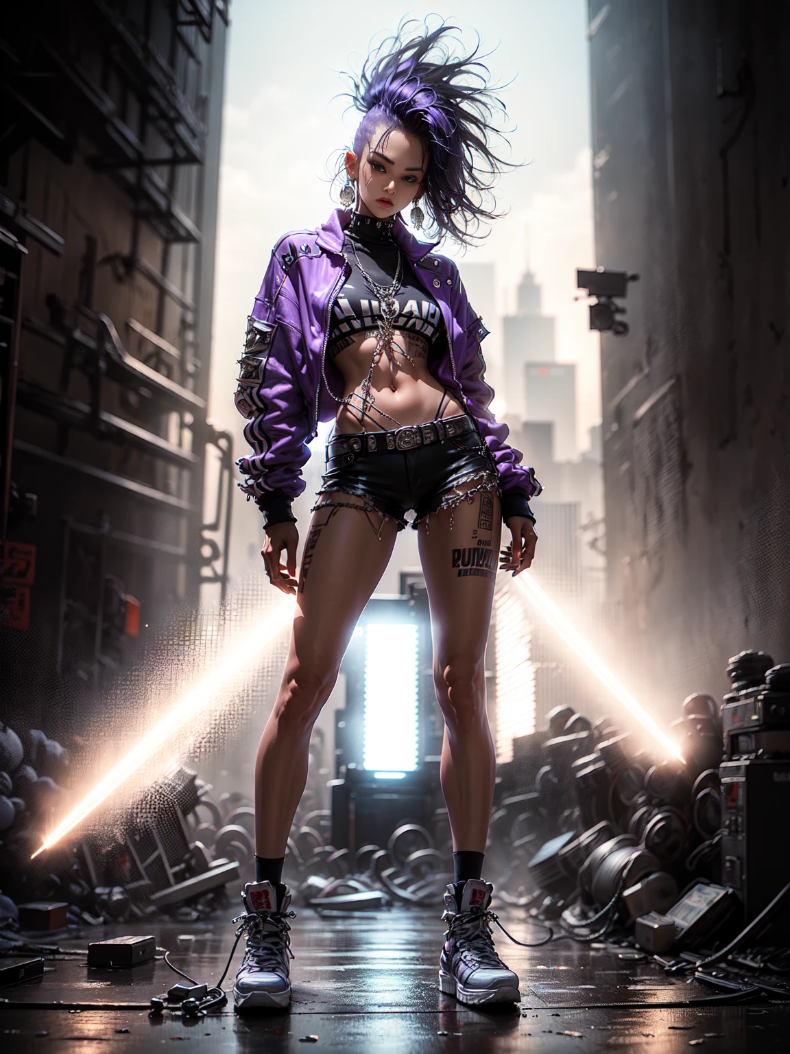 models, professional:1.6, (best quality,4k,8k,highres,masterpiece:1.2),ultra-detailed,realistic,punk style,punk fashion,full body shot:1.5,general shot:1.5, rebellious,spiked clothing,chain accessories, rebellious pose,high mohawk,violet hair,colorful,edgy background,studio lighting,dynamic pose y elegante