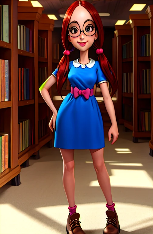 gretchen,black eyes,large glasses,low twintails,buck teeth,
blue dress,short sleeves,
smile,standing,
library, full body,
(insanely detailed, beautiful detailed face, masterpiece, best quality),solo,