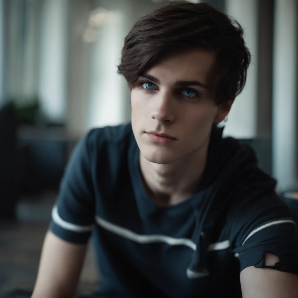 He is an emo boy, white complexion, slim, grayish blue eyes, dark brown hair, short emo hairstyle and he is 1.91 cm tall, very handsome, Polish and looks like the character called Dominik santorski From the movie suicide room Do it drive a cat , the camera perspective selfie , wearing emo clothes