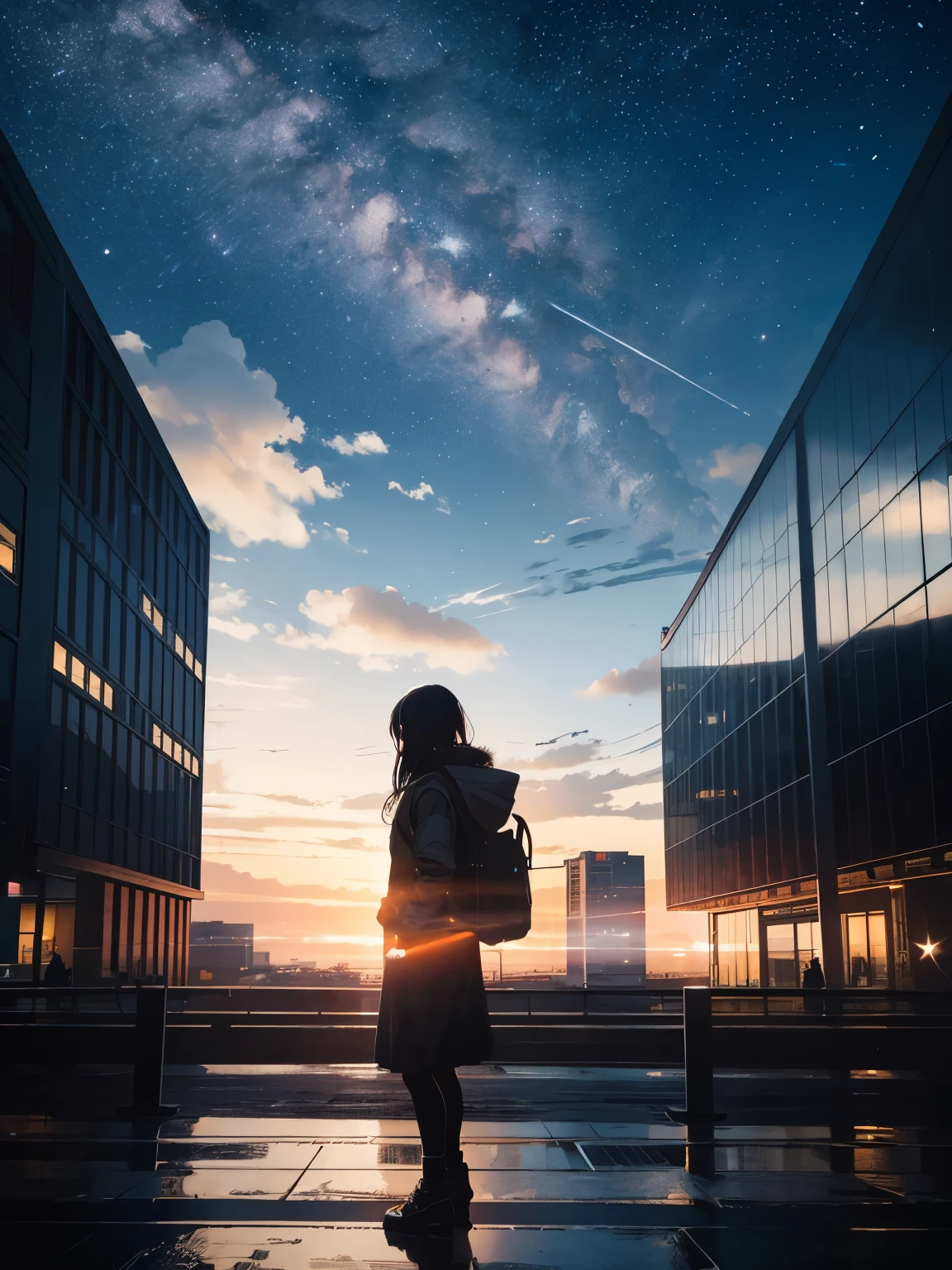 Octane Number, null, star (null), scenery, starry null, evening, 1 girl, evening null, alone, Outdoor, building, cloud, milky way, session, wood, Wide range, Runway, silhouette, Airport night view