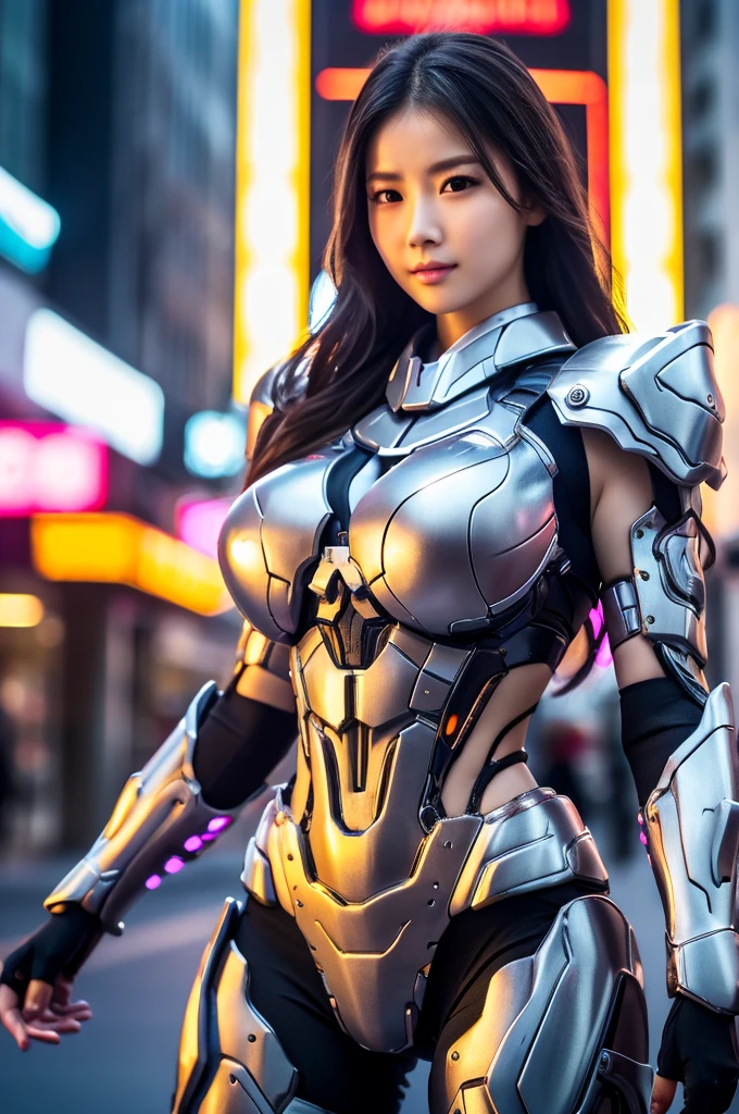 beautiful detail, best quality, 8k, highly detailed face and skin texture, high resolution, beautiful huge tits asian girl in cyber armor stand on street in city, full body, sharp focus